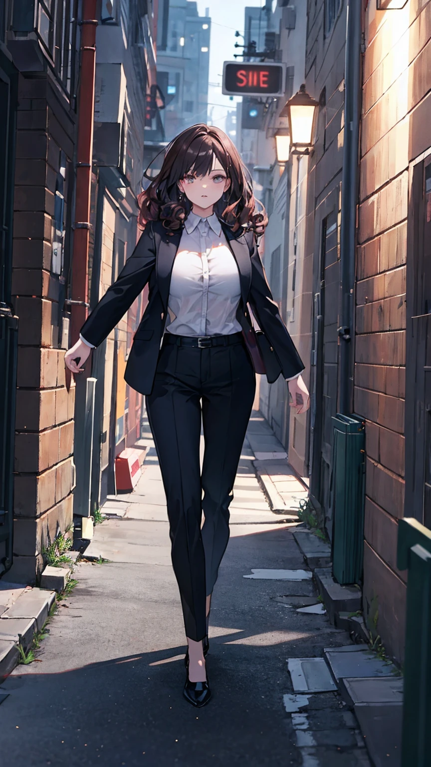 woman, big breasts, Bare arms, long curly brown hair, Dark suit pants, Black suit jacket with white shirt, city background, night, in a dark alley, actual, 8K, Unreal Engine, Very detailed, octane rendering,