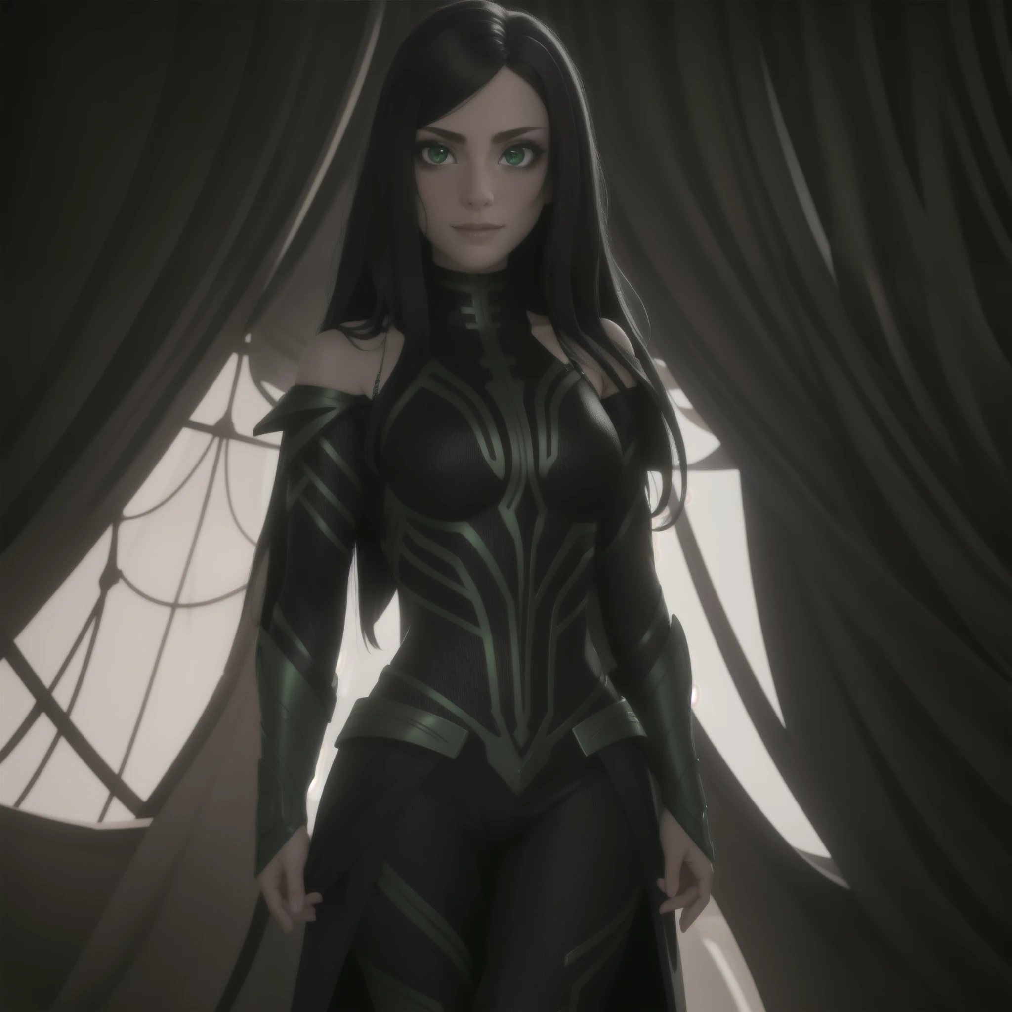 Best_QualityPos, RAW photo, intricate details, best quality, 8k uhd, soft lighting, 1girl, solo, bare shoulders, black hair, long hair, armor, green eyes  