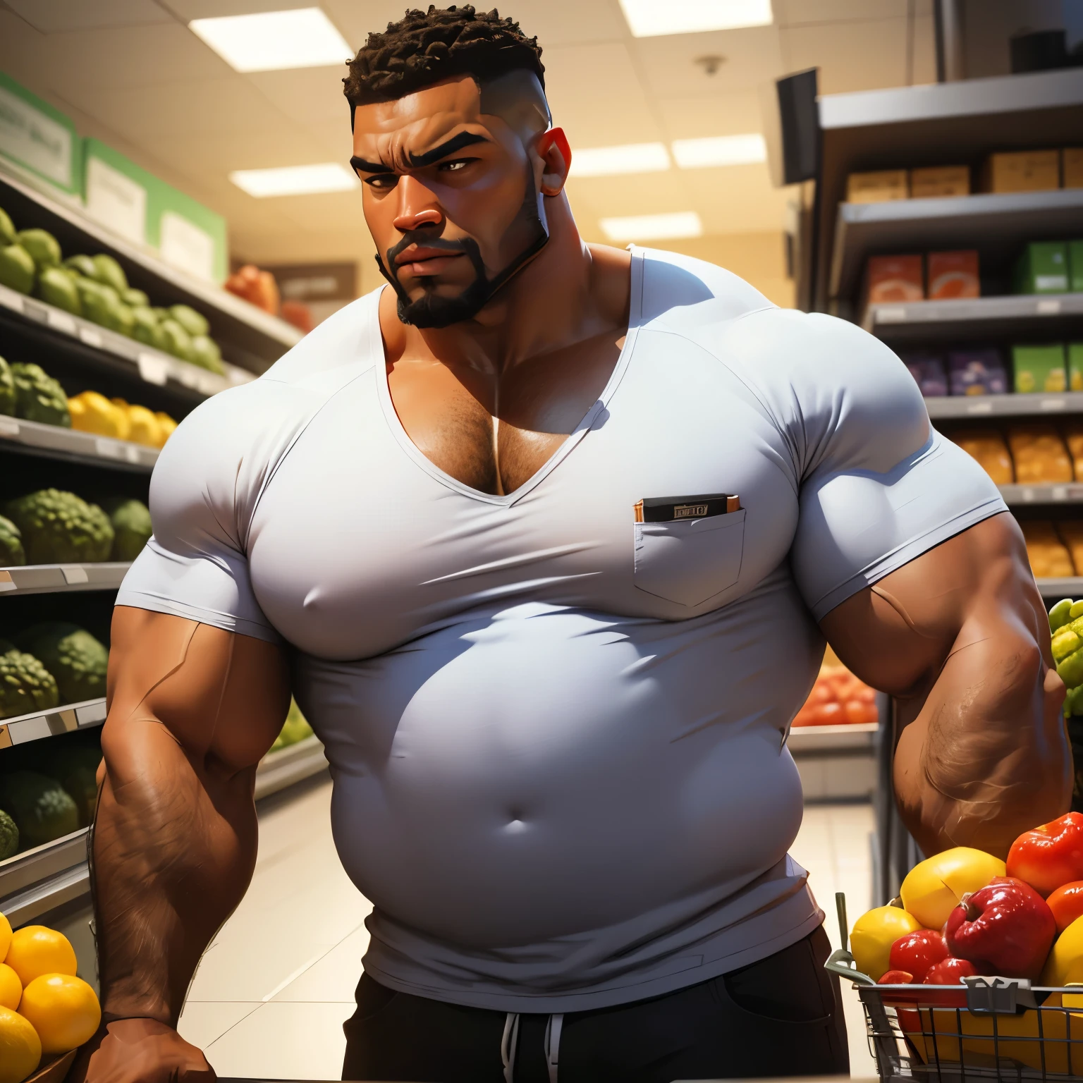 an exaggeratedly muscular and large bodyguard, beefy build, beard, dark-skinned african american male, buzzcut hair with square line, (wearing casual shirt 1.2), breast pocket, (bara pecs: 1.3), (arm and chest hair: 1.1), close-up portrait HD, (bright fluorescent grocery store isle)