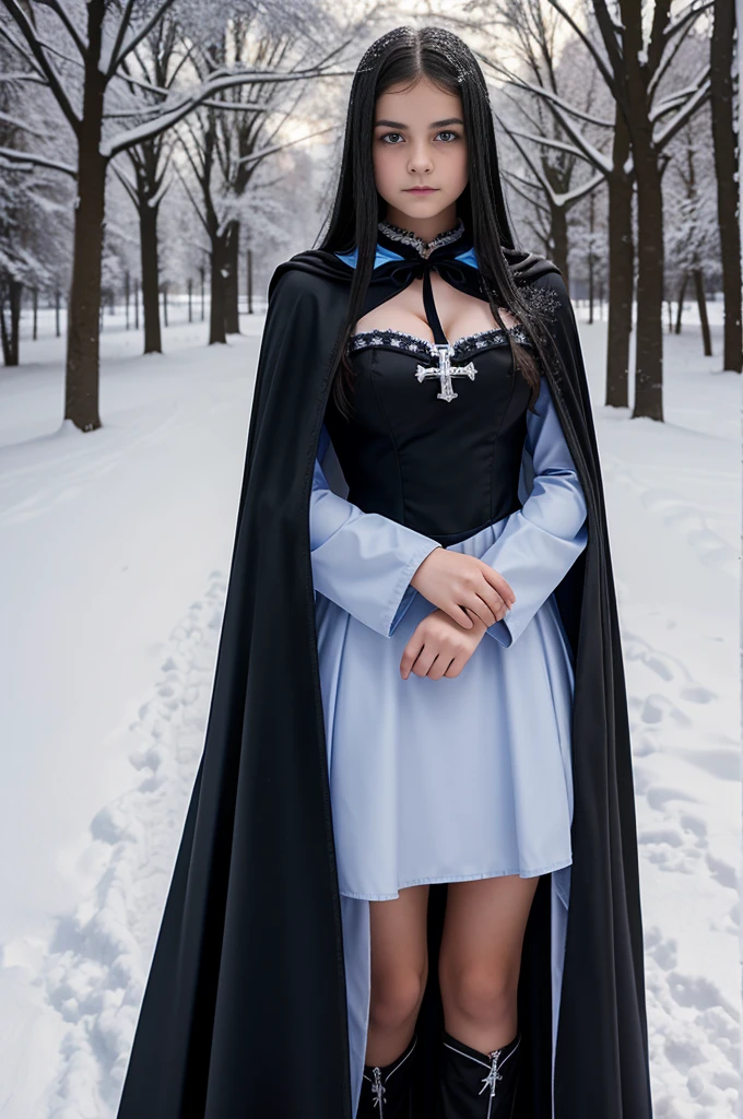 girl, evil, teen(1.2),12 yearslack hair and blue eyes, detailed face, angelical face,cleavage, small breasts, dress with cape, desing with christian cross , (1.2), background in snow in prussia