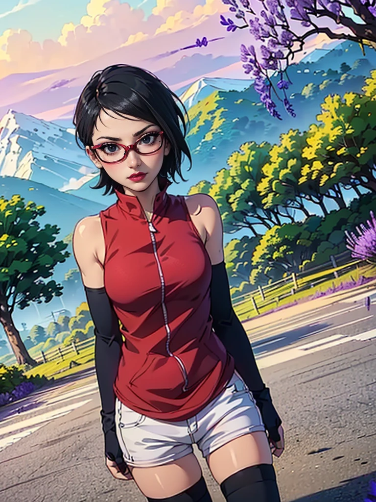 (1girl, solo, alone), (WakatsukiRisa, Sarada Uchiha, black hair, ((short hair, black eyes, red glasses))), ((solo, (1woman, ((small bust)), pink lipstick, black eyes), Extremely detailed, ambient soft lighting, 4k, perfect eyes, a perfect face, perfect lighting, a 1girl)), ((fitness, mucular, shapely body, athletic body, toned body)), ((red shirt, sleeveless shirt, black gloves, elbow gloves, white shorts, black thigh socks,
walking on a road, dirt road, trees around, ((Jacaranda trees)), mountains on the horizon, farm on the horizon, sunrise, clouds in the sky))