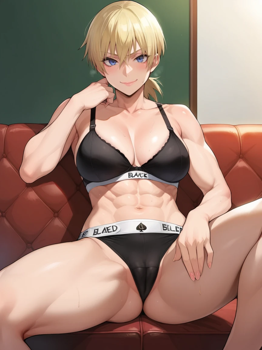 score_9, score_8_up, score_7_up, score_6_up, source_anime, BREAK by ikuchan kaoru, iku, clean color, flat color, sitting, indoors, presenting breasts, couch, muscular, extremely muscular, 1girl, bodybuilder, muscle girl,hellsing, seras, smug grin, holding laugh, knotted bra, bra, front view, ((closed mouth)), cameltoe, BLACKED, BLACKED.COM, BLACKED UNDERWEAR, BBC, BLACKED PORNO, QUEEN OF SPADES, blonde hair