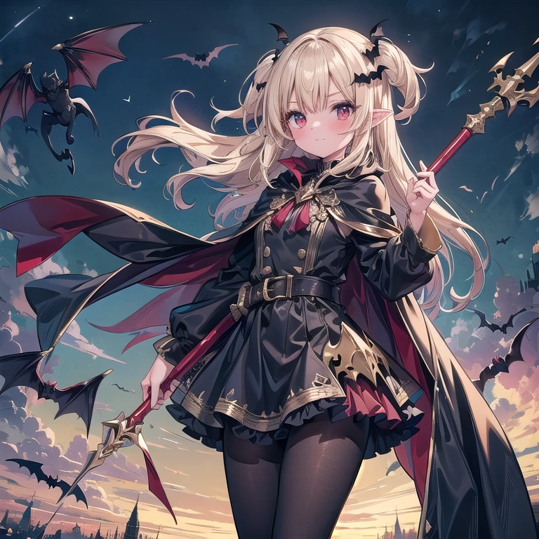 1girl, solo, blonde-hair, red-eyes, pointy-ears, looking-at-viewer, long-hair, pantyhose, vampire, holding, dress, two-side-up, black-pantyhose, hair-ornament, holding-weapon, weapon, black-dress, cape, bat-hair-ornament, standing, polearm, long-sleeves, blush, thick thighs, frills, holding-polearm, black-cape, closed-mouth, short-dress, floating-hair,
