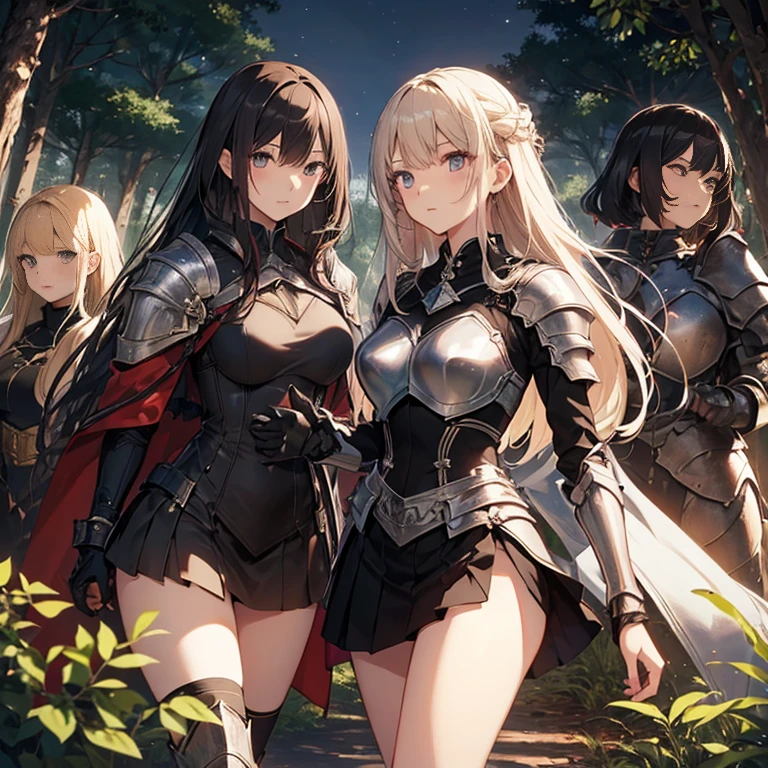 A group of female knight, (in forest), various hair styles, harem, wearing armored clothes, metal armor, night, details face, , short skirt, seducing, sword, leotard