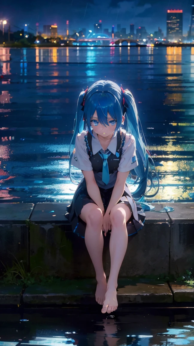 1 anime girl, alone,blue hair,blue eyes,Black petals flutter, A mysteriously shining butterfly.city,Hatsune Miku,鮮やかblue hair,bright blue jewel eyes,twin tails,thin legs,Gloomy cloudy sky,sad expression,very clear,highest quality,rainy city,street corner,Are crying,tears,close up of face,Sit in the water,barefoot