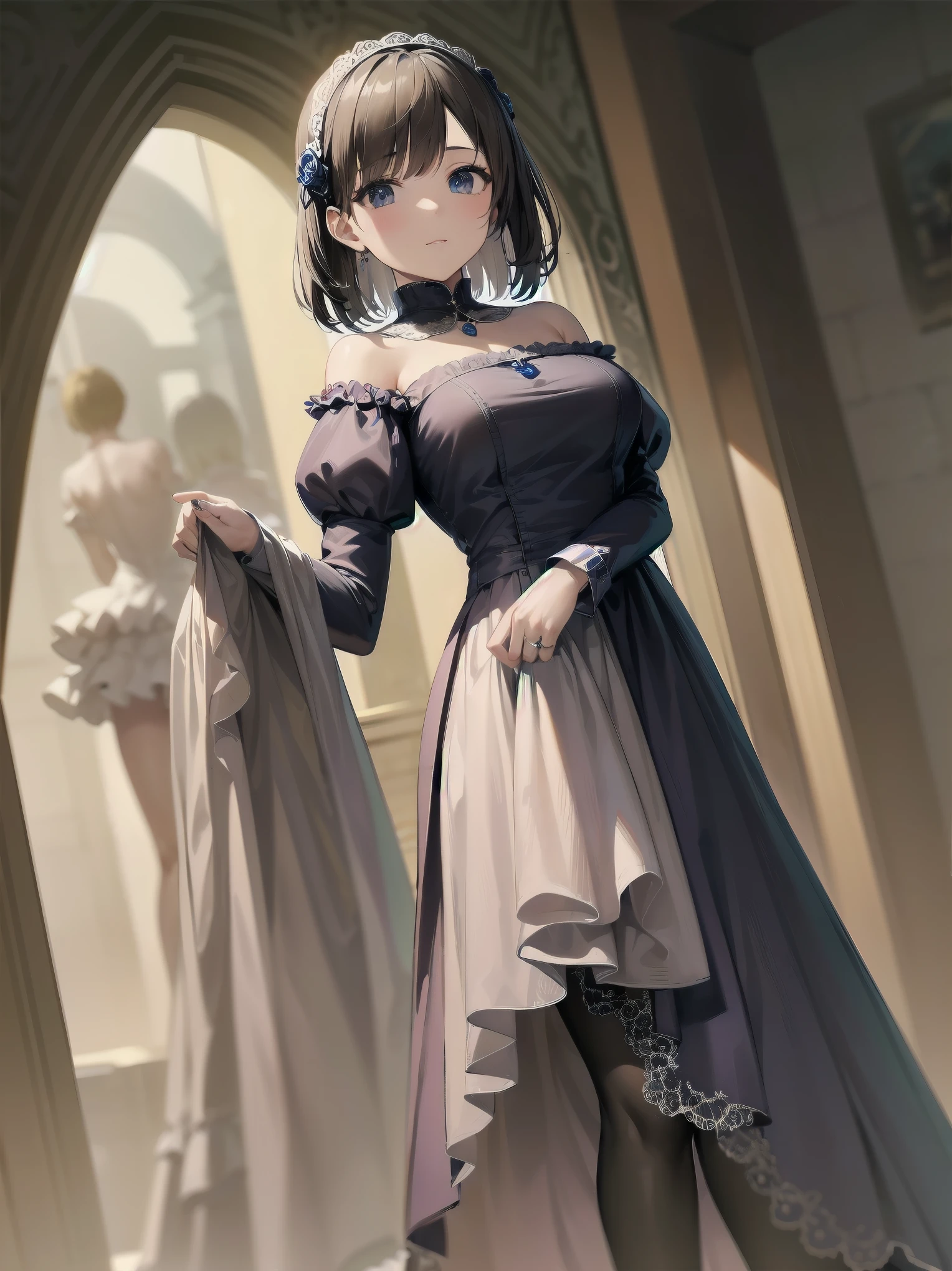 bride: wedding ring shining on ring finger Fusion of medieval European fashion Emphasis on elements of cuteness and adoration Posed illustration of the overwhelming cuteness of the character in the foreground Overwhelming architectural and cityscape background Ultra-detailed, rich, contemporary interpretation of medieval Europe and fantasy world Realistic textures, Professional artistic shading and light sources, scene-like cinematography and effects, depth of subject One beautiful girl, super cute, bob cut, side ponytail, perfect anatomy
Colours: pastel, white, pale purple, blue, gingham check
Materials: chiffon, lace, satin, velvet, etc. Silhouette: fluffy skirt, A-line, long length
Decoration: frills, ribbons, lace, pearls, embroidery etc. Coordinates Romantic princess: pastel dress, lace blouse, fluffy skirt, ribbon hair accessory, black tights Add accessories and accessories to personalise.