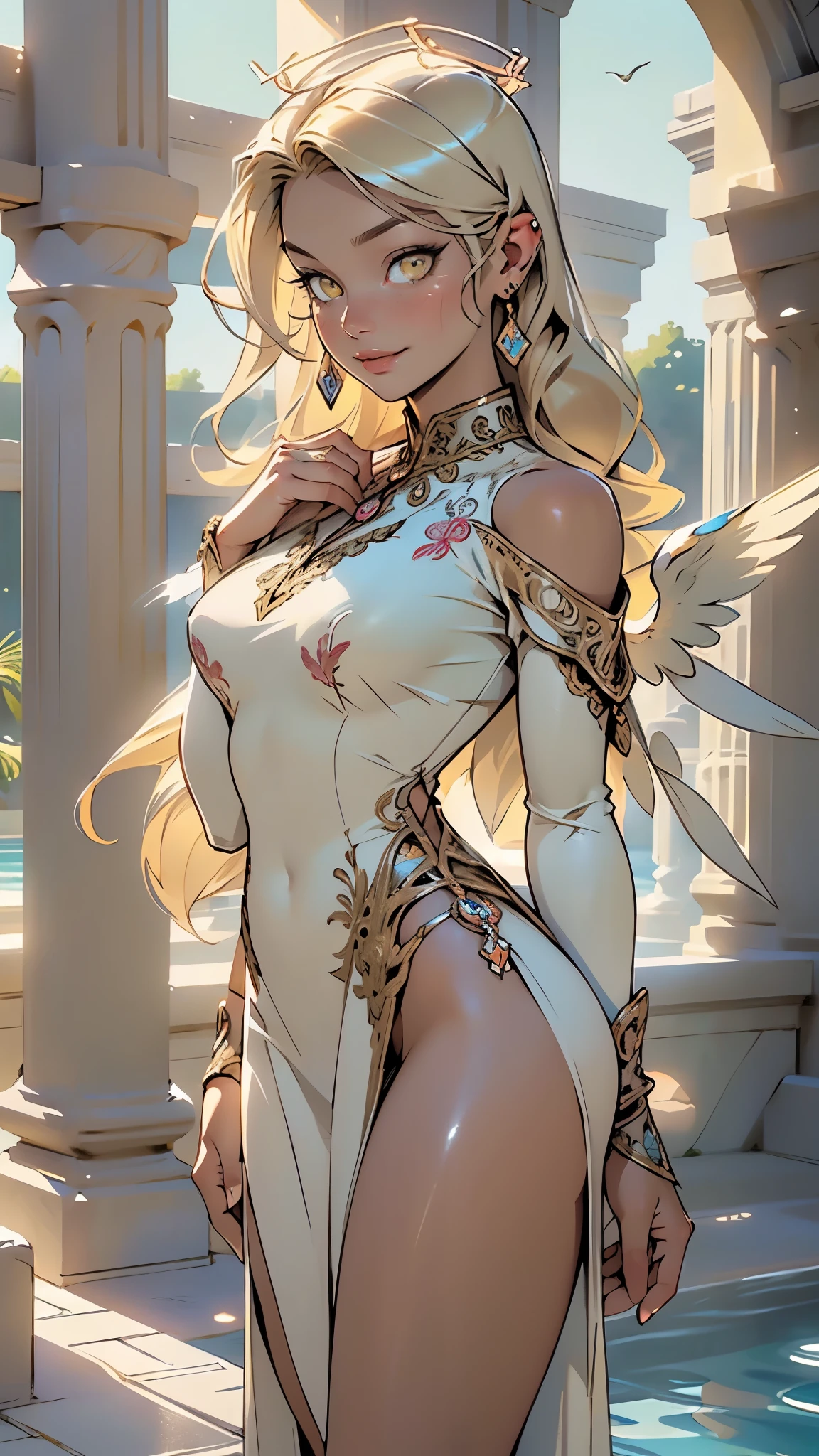 angel girl,1girl,((extremely cute and beautiful blonde haired angel girl)),((((long blonde hair:1.35,colored inner hair,ear breathing)))),(((yellow_eyes:1.3))),intricate eyes,beautiful detailed eyes,symmetrical eyes,((((lustrous skin:1.5,tanned skin,bright skin:1.5,skin tanned,shiny skin,very shiny skin,shiny body)))),(spider lower abdomen,inflated legs,thick thighs,detailed body,(detailed face)),
cute,slutty,seductive,erotic,(nsfw),
handsome young woman, angel wings, halo, (Female, woman), long hair,shiny armor, knight, glowing eyes, blonde hair, 1920s plunging neckline dress,(lewd and seductive image:1.2),(icy look in the eye), (She has a mischievous smile on her face), ((Large wings with feathers behind shoulder folded wings)), Glass earrings on the ear, (Around her neck a necklace of exquisite workmanship),(((intricate outfit,intricate clothes,embroidered outfit,ornate outfit))),
(dynamic pose:1.0),embarrassed,(centered,scale to fit dimensions,Rule of thirds),
((beautiful bath house made of greek marble and pillars, beautiful clear water in pool)),scenery:1.25,((intricate scenery)),((greek temple background)),
(Glossy greek ornaments),highres,sharp focus,(ultra detailed,extremely detailed),(photorealistic artwork:1.37),(extremely detailed CG unity 8k wallpaper),(((vibrant colors,vibrant theme))),(intricate),(masterpiece),(best quality),artistic photography,(photography taken by sldr),(intricate background),perfect rendered face,perfect face details,realistic face,photo realistic,((intricate detail)),(((realism))),