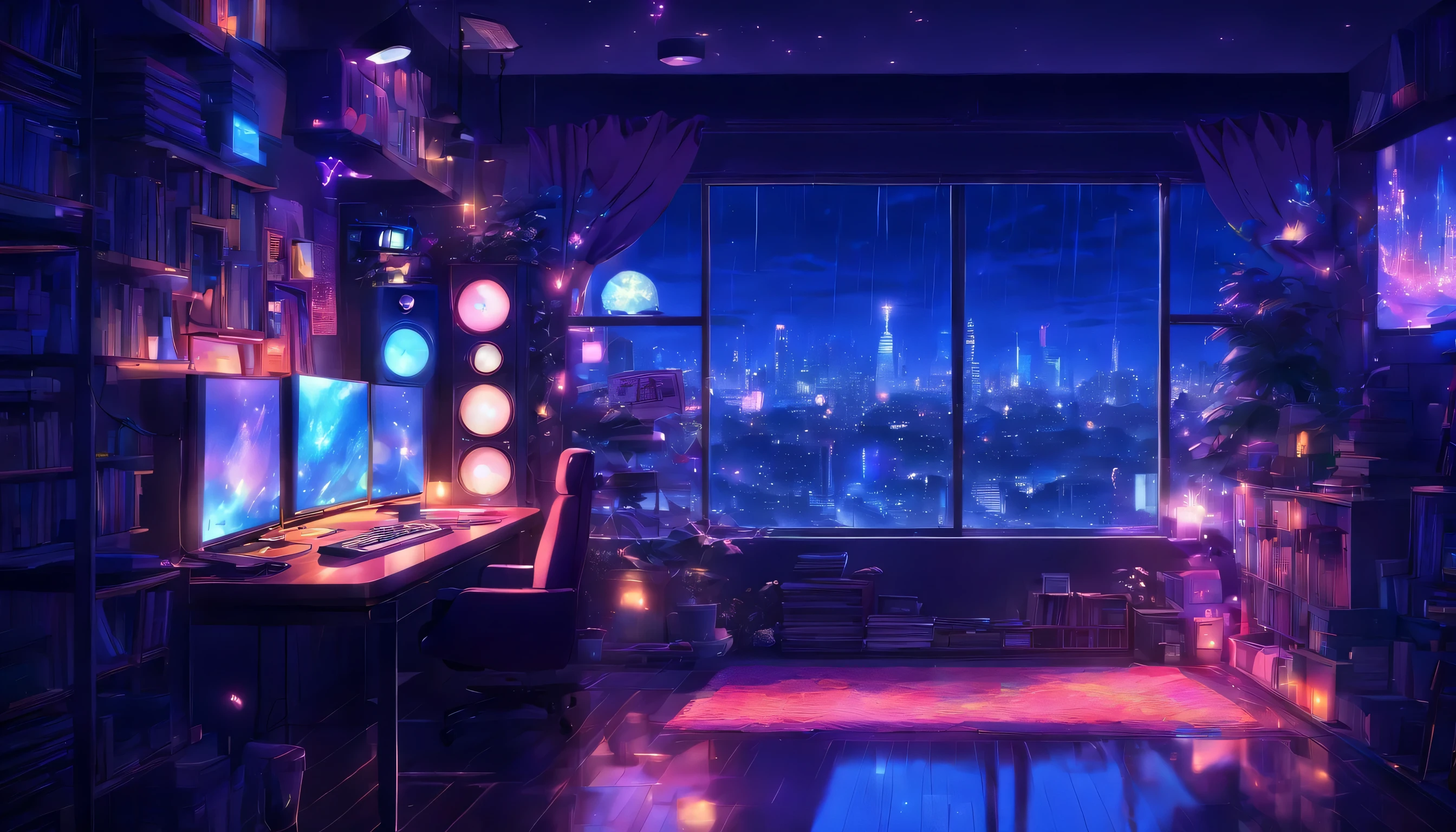 music study room,dim room, evening, computer, keyboard, auricle, monitor speakers, small lights, end, sofa, rain, night sky, night city, disorganized, High resolution, super sharp, 8K, masterpiece
