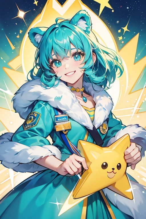 Wish Bear has turquoise fur and her badge depicts a yellow shooting star with a smile on its face. SPARKLE; GLITTER