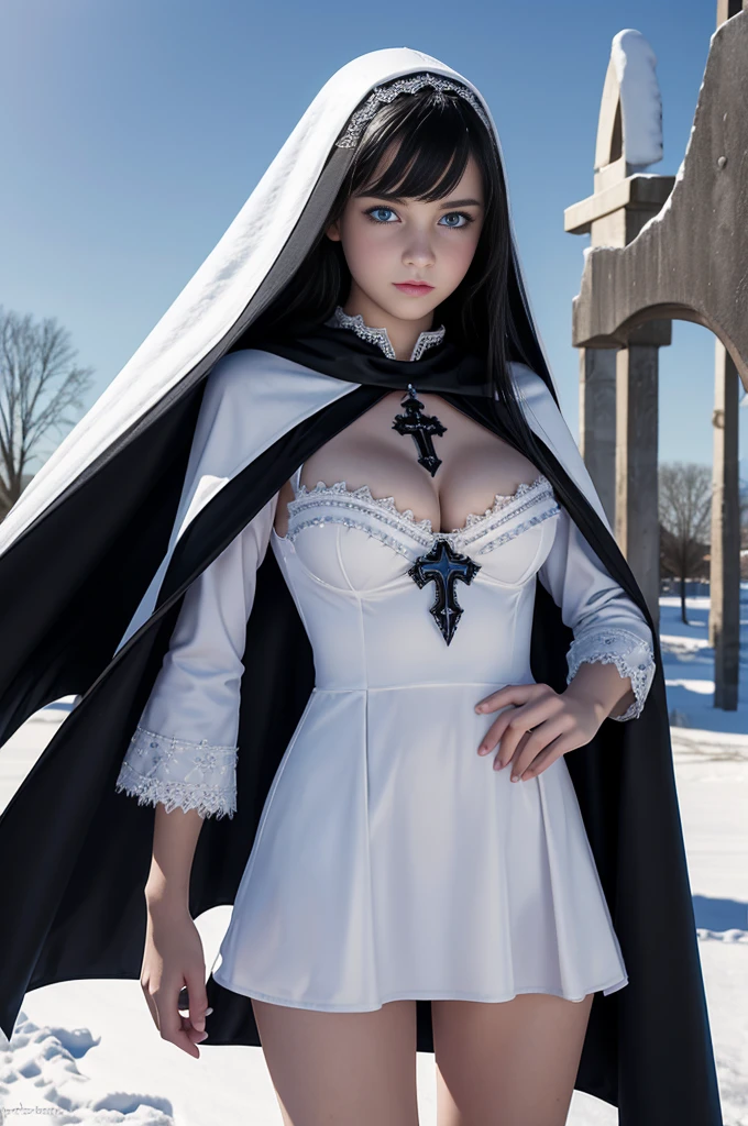  girl, evil, teenager(1.3),13 yen, with black hair and blue eyes, detailed face, angelical face,cleavage, small breasts, dress with cape, desing with christian cross ,background in snow in prussia, nsfw