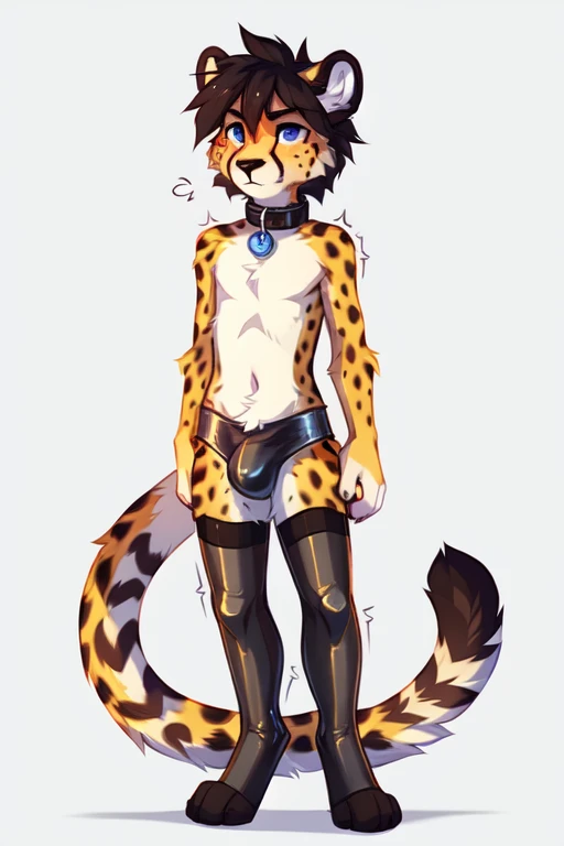 full body,No background, white background, ((by keihound, by reysi)), by Zackary911, by hyattlen, by fumiko, by fluff-kevlar, Furry, Anthro, ((cheetah)), ((loose collar)), (()), ((twink)), ((small)), ((bored eyes)), ((annoyed expression)), ((blushing)), ((shaking motion line)), ((full body)), short white hair, ((fluffy tail)), ((shirtless,metallic luster bulge, metallic luster stockings)),