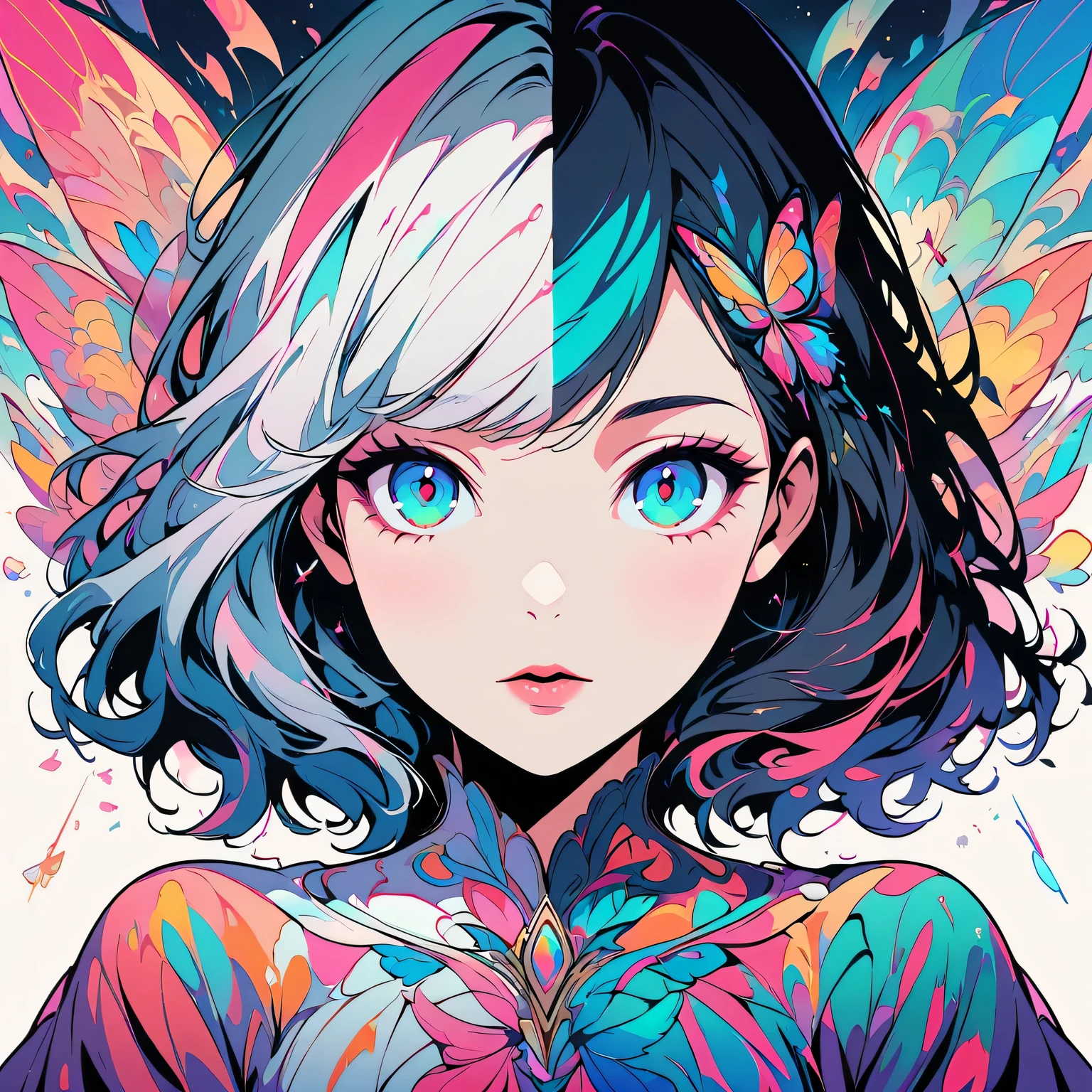 girl，portrait，vector art，vector art：1.2，floral pattern：1.1，geometric elements，sharp lines，X-ray，neon color，beautiful eyes，color palette，line art，Hair and butterfly transformation，Symmetrical balance，Fantasy elements，dreamy atmosphere，Geometric symmetry，soft light，ethereal，White background，Moderate：digital illustration。