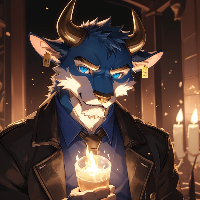 Headshot, handsome male, cow, pointy horns (two), gold nose ring, cattle ear tag, heavy muscular build, short messy fringe, ((best quality)), ((masterpiece)), (detailed), perfect face, blue fur, blue eyes, good eyes, leather jacket, mischievous