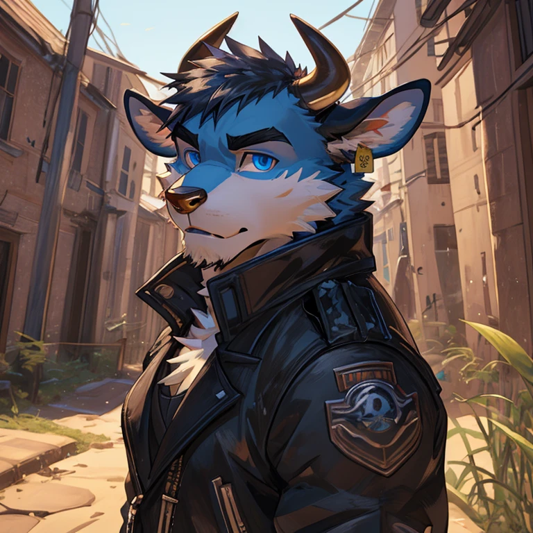 Headshot, handsome male, cow, pointy horns (two), gold nose ring, cattle ear tag, heavy muscular build, short messy fringe, ((best quality)), ((masterpiece)), (detailed), perfect face, blue fur, blue eyes, good eyes, leather jacket, mischievous
