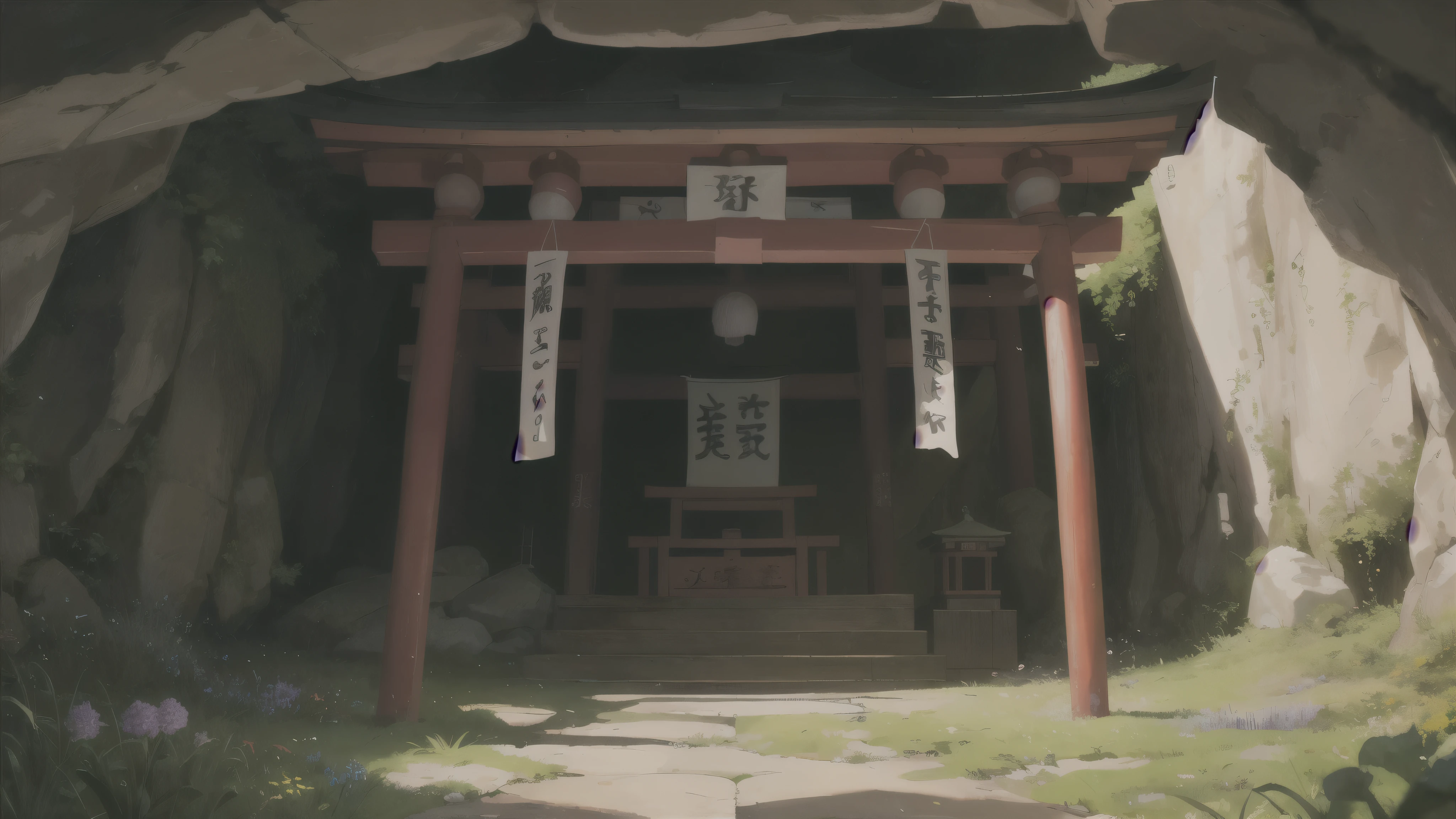 masterpiece, best quality, overgrown weeds, glowing flower Japanese shrine, dim lighting, cave interior background, hanging banners