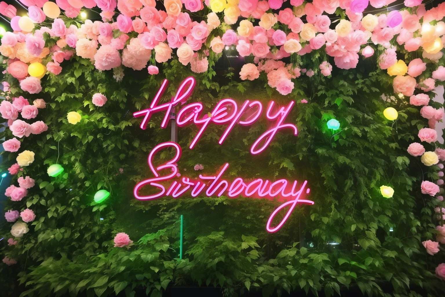 Happy birthday neon lights surrounded by pink roses and greenery, Happy birthday, neon lights, bright neon lightss, neon lightss, neon lightss in background, pink grass, pink neon light, with neon lightss, 背景中的neon lights, gigantic neon lightss, neon lights背景照明, neon lights电子标牌, 带neon lights, pink yellow and blue neon lightss, colorful neon lightss