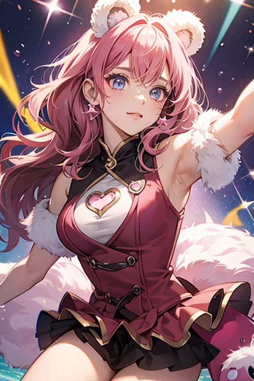 Wonderheart Bear has dark pink fur and her badge is a three-layered pink, yellow, and dark pink heart motif. SPARKLE; GLITTER