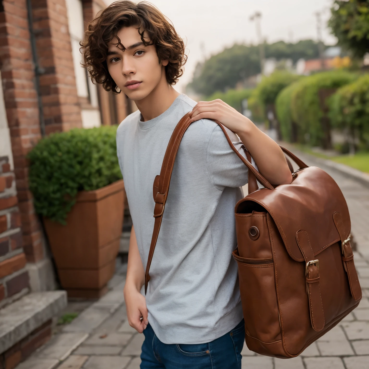 Slim young man with brown curly hair , mochila roja, piel color morena clara y con perrito raza labrador 