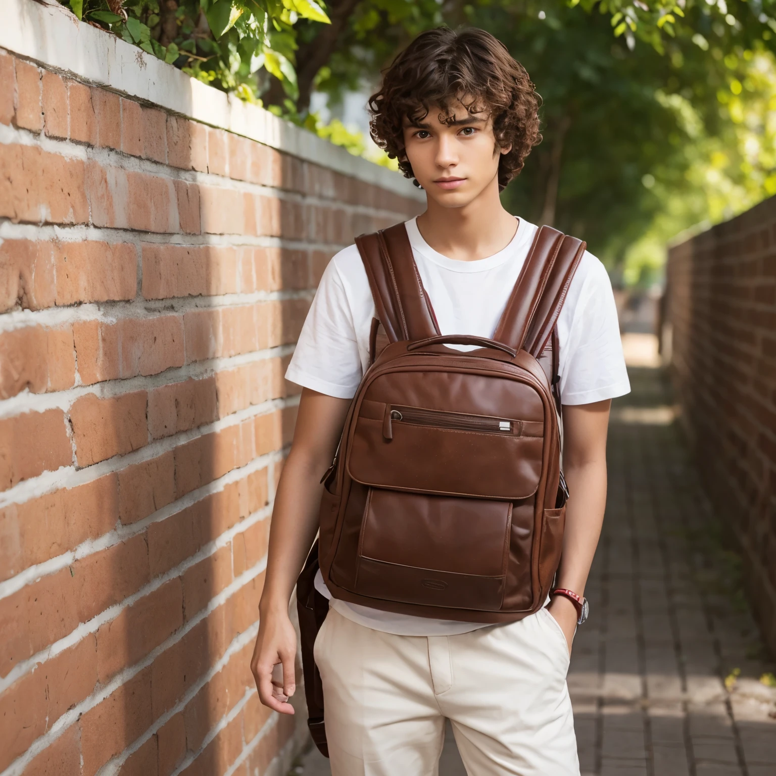 Slim young man with brown curly hair , mochila roja, piel color morena clara y con perrito raza labrador