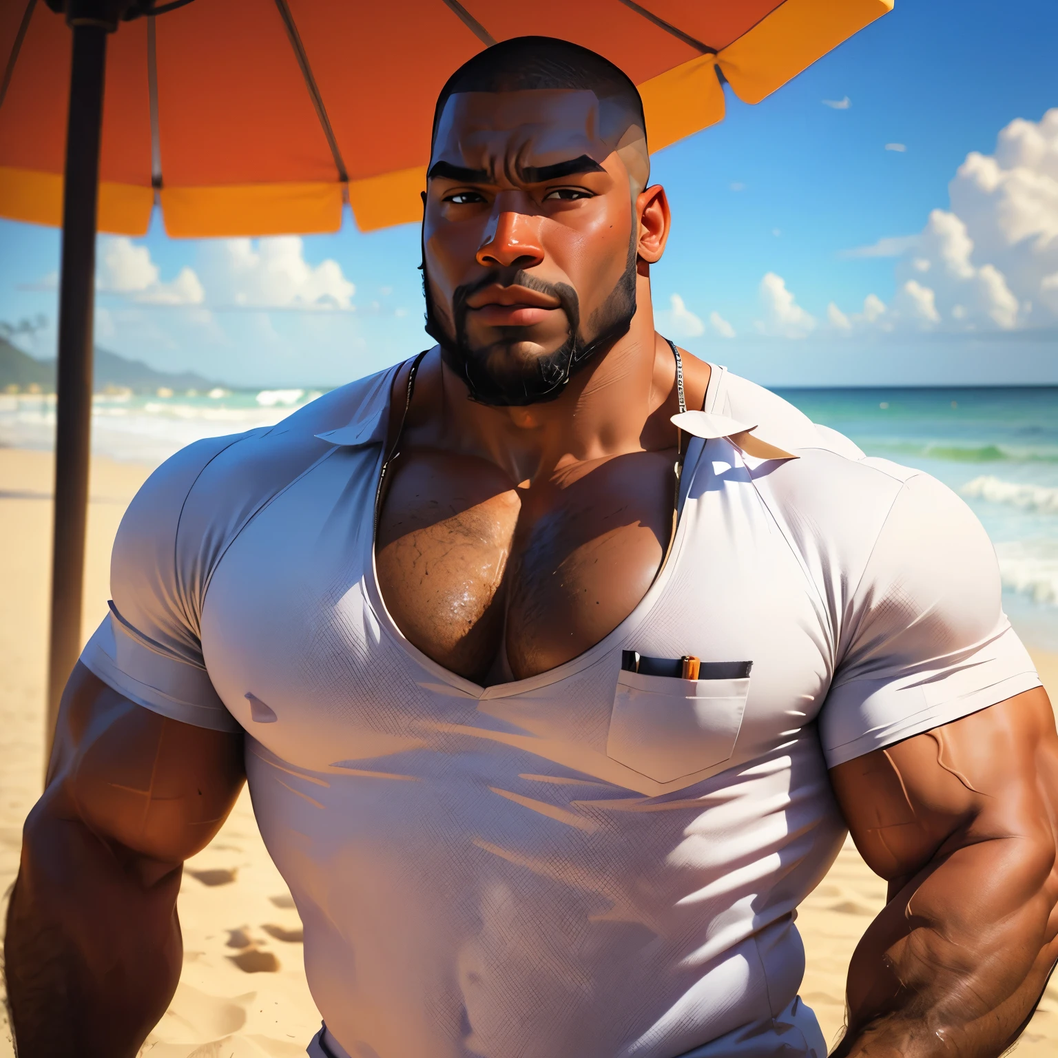 an exaggeratedly muscular and large bodyguard, beefy build, beard, dark-skinned african american male, buzzcut hair with square line, (wearing vacation shirt 1.2), breast pocket, (bara pecs: 1.3), (arm and chest hair: 1.1), close-up portrait HD, (beach resort)
