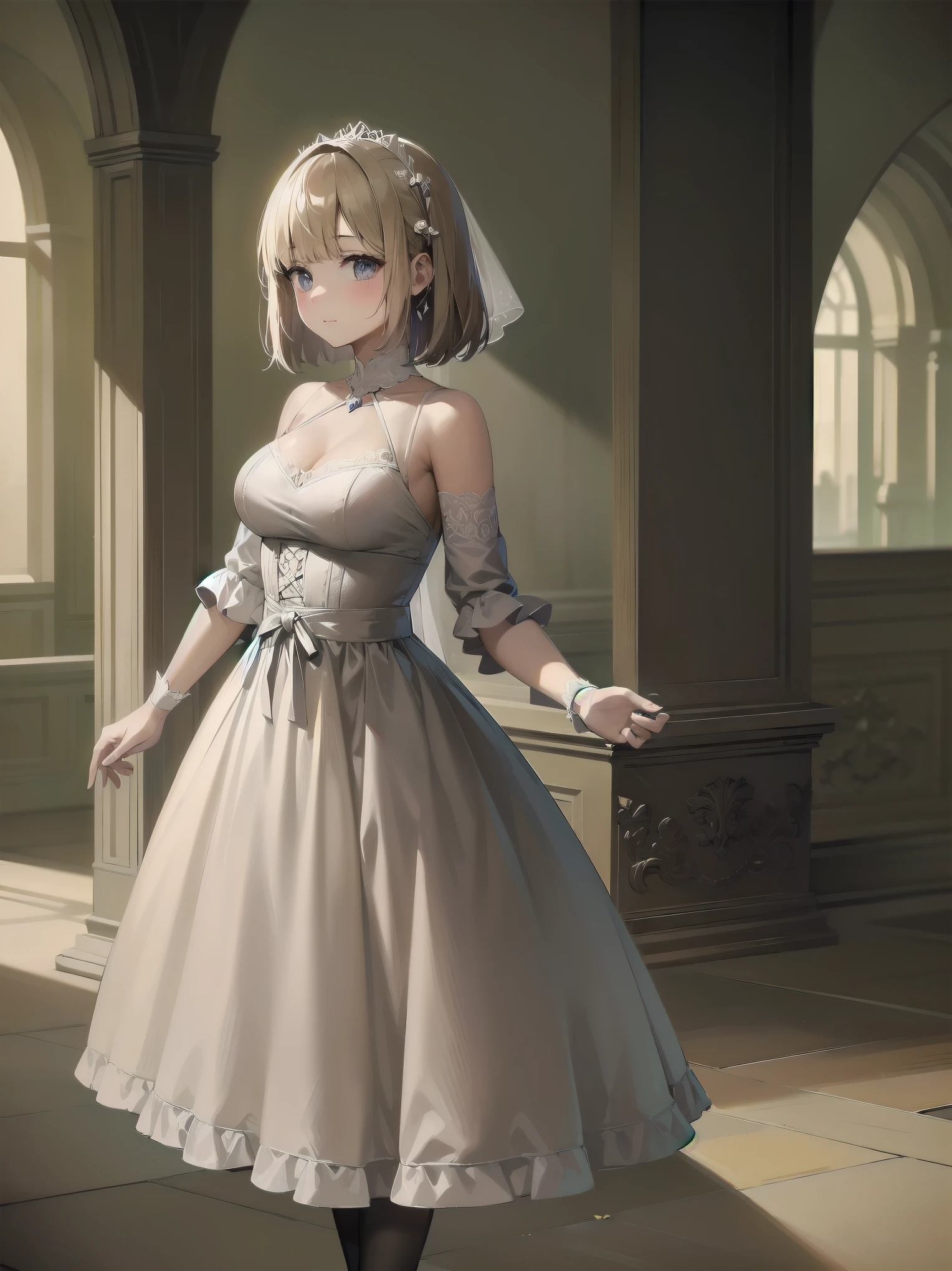bride: wedding ring shining on ring finger Fusion of medieval European fashion Emphasis on elements of cuteness and adoration Posed illustration of the overwhelming cuteness of the character in the foreground Overwhelming architectural and cityscape background Ultra-detailed, rich, contemporary interpretation of medieval Europe and fantasy world Realistic textures, Professional artistic shading and light sources, scene-like cinematography and effects, depth of subject One beautiful girl, super cute, bob cut, side ponytail, perfect anatomy
Colours: pastel, white, pale purple, blue, gingham check
Materials: chiffon, lace, satin, velvet, etc. Silhouette: fluffy skirt, A-line, long length
Decoration: frills, ribbons, lace, pearls, embroidery etc. Coordinates Romantic princess: pastel dress, lace blouse, fluffy skirt, ribbon hair accessory, black tights Add accessories and accessories to personalise.