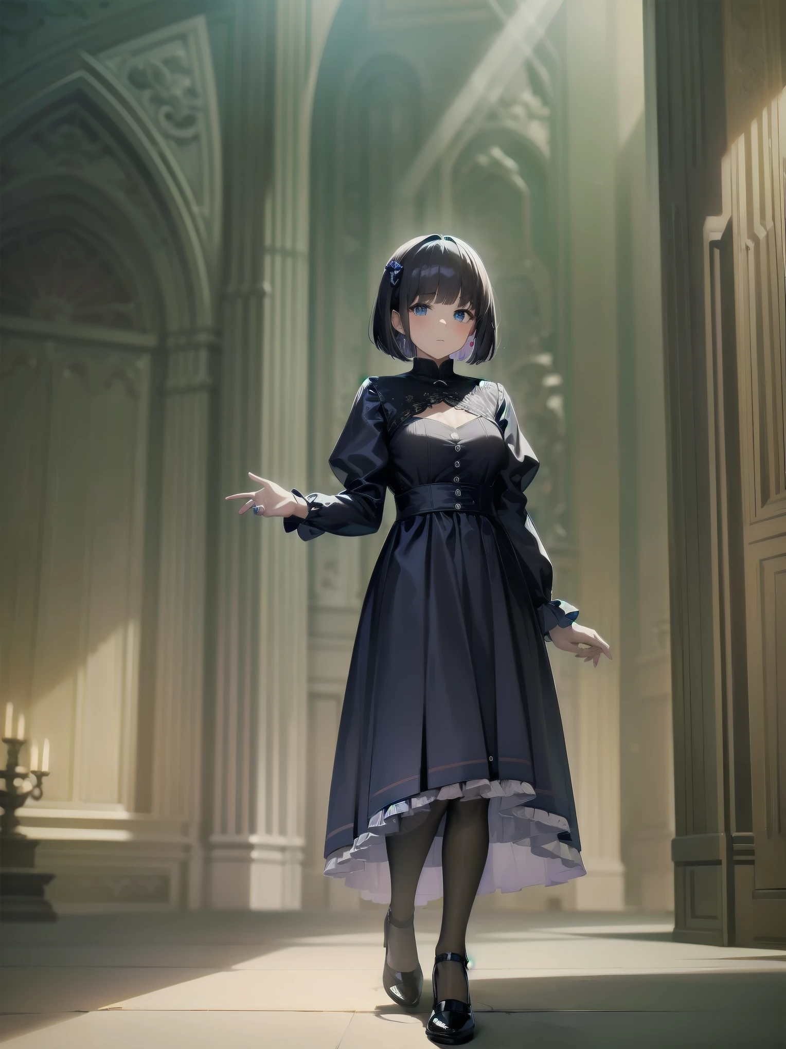  bride: wedding ring shining on ring finger Fusion of medieval European fashion Emphasis on elements of cuteness and adoration Posed illustration of the overwhelming cuteness of the character in the foreground Overwhelming architectural and cityscape background Ultra-detailed, rich, contemporary interpretation of medieval Europe and fantasy world Realistic textures, Professional artistic shading and light sources, scene-like cinematography and effects, depth of subject One beautiful girl, super cute, bob cut, side ponytail, perfect anatomy 
Colours: pastel, white, pale purple, blue, gingham check 
Materials: chiffon, lace, satin, velvet, etc. Silhouette: fluffy skirt, A-line, long length 
Decoration: frills, ribbons, lace, pearls, embroidery etc. Coordinates Romantic princess: pastel dress, lace blouse, fluffy skirt, ribbon hair accessory, black tights Add accessories and accessories to personalise.