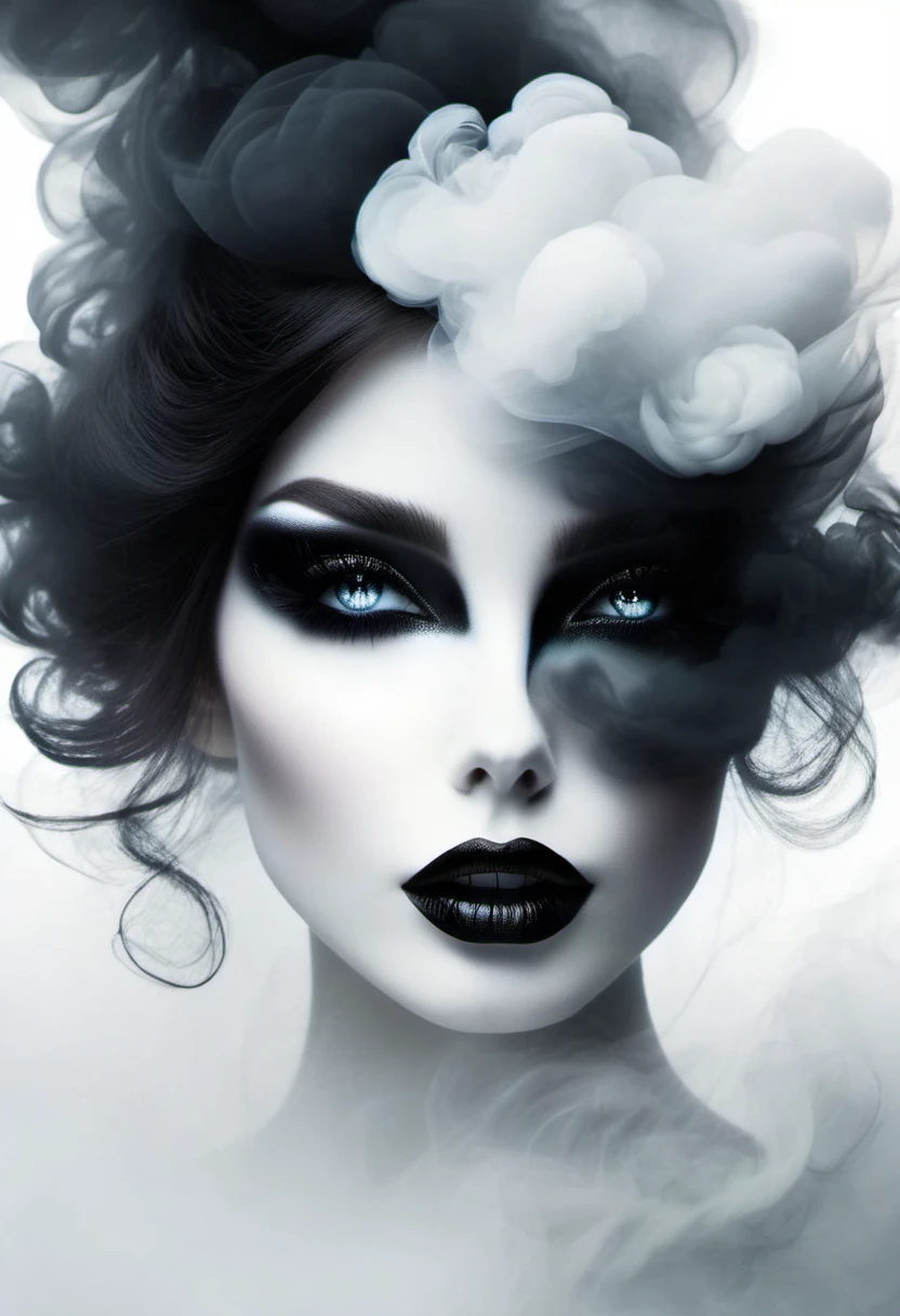 gothic art，dream，（There is only one stunning close-up of her face），Gothic makeup，black and white smoke floating around，simple white background，A lot of white space