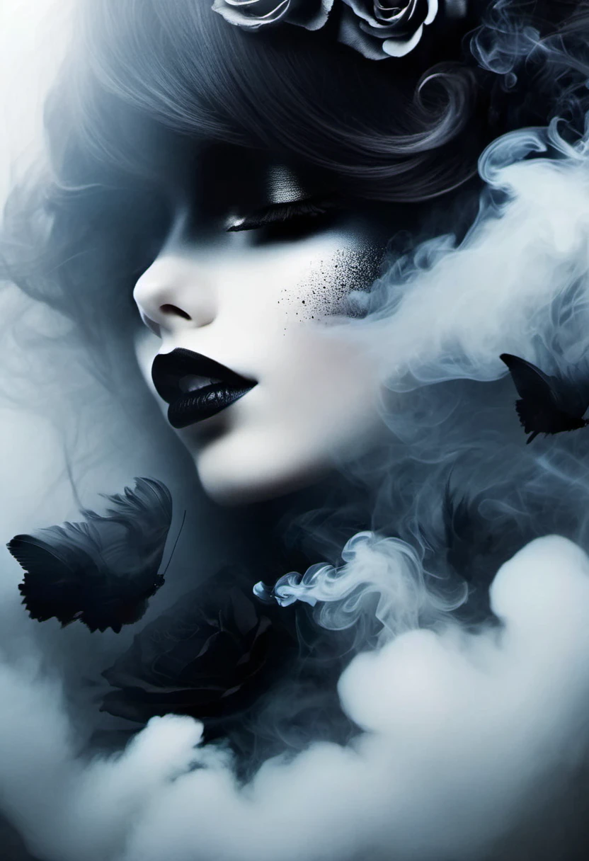 gothic art，dream，（There is only one stunning close-up of her face），Gothic makeup，black and white smoke floating around，simple white background，A lot of white space