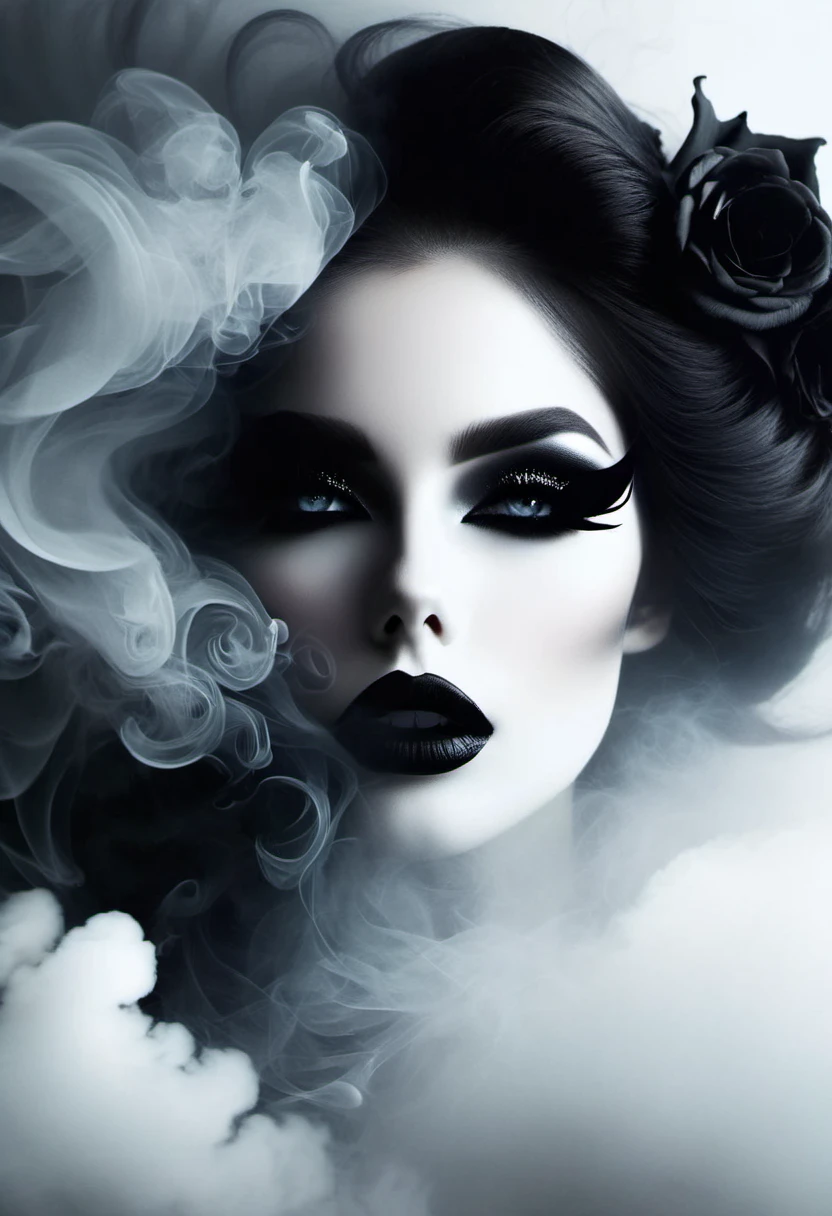 gothic art,dream,(There is only one stunning close-up of her face),Gothic makeup,black and white smoke floating around,simple white background,A lot of white space