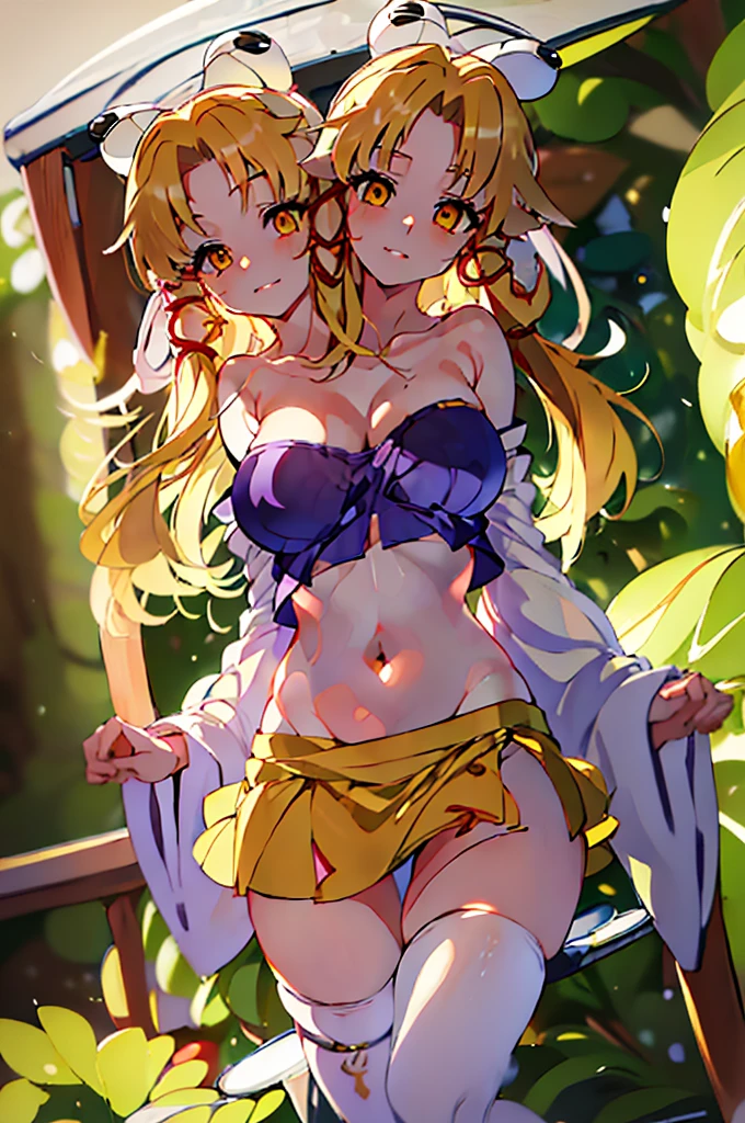 (masterpiece, best quality), top best quality, (ultra-detailed), (3heads:1.5), 1girl, (moriya suwako:1.3), masterpiece, best quality, ultra quality, ultra resolution, ultra detail, simple purplish-blue top, crop top, ((stomach)), midriff, ((groin)), simple purplish-blue skirt, normal ears, shackles, yellow hair, very long hair, wavy hair, sidelocks, golden yellow eyes, parted lips, sweat, cute, toned belly, hand on own chest, eyelashes, (24 year old woman:1.3), (masterpiece:1.6), (best quality:1.6), (beautiful detailed), extremely detailed CG, extremely delicate and beautiful, depth of field, (finely detailed face), (perfect details:1.2), (mature female:1.3), wide pelvis, slender, large veiny breast, 16k resolution, highres, high quality, high definition, extremely detailed, masterpiece, yellow hair, long hair, alluring presence, braid, short skirt, close up, big tits, young, hair ribbon,