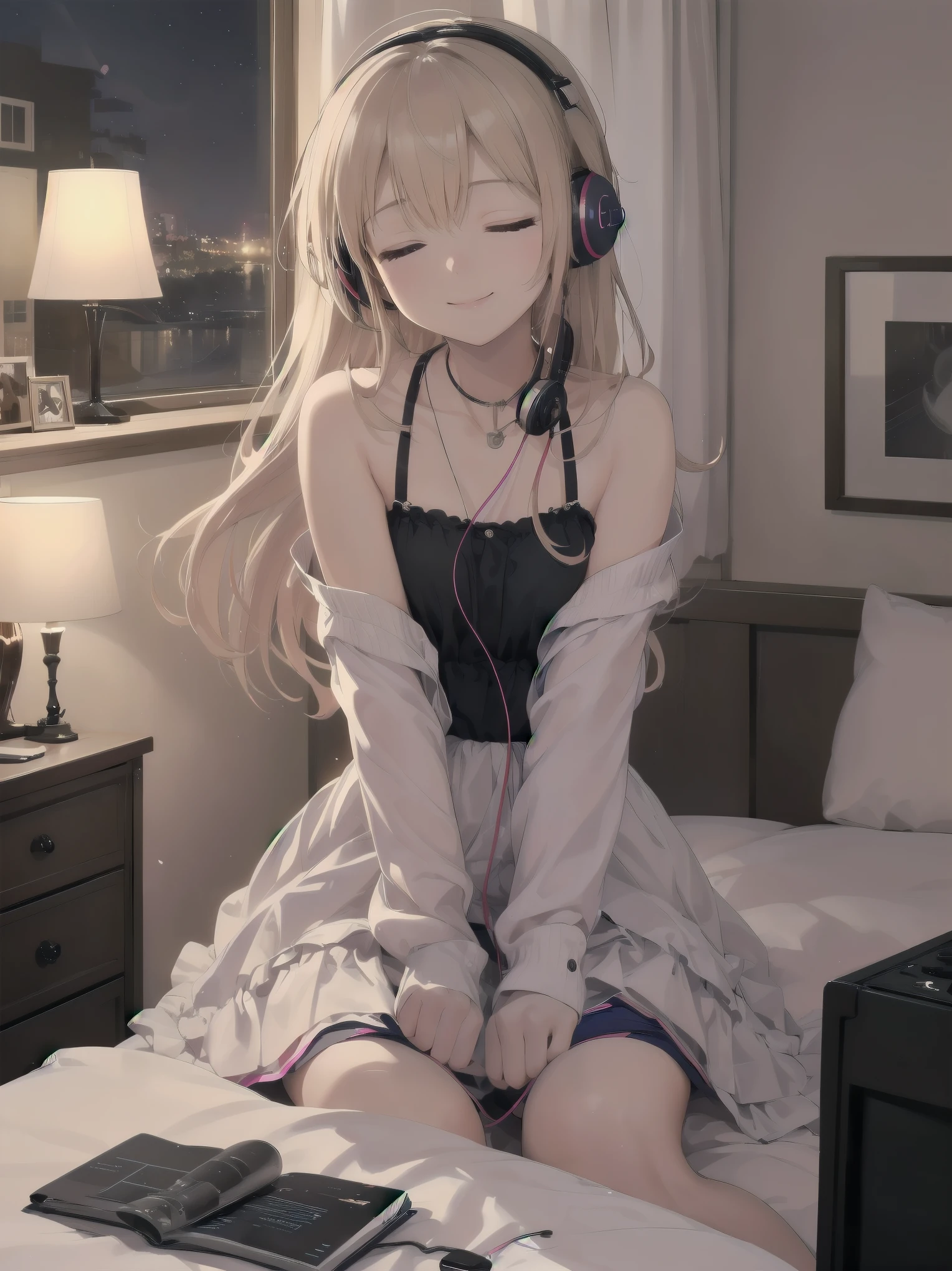 A night of music: she put on her earphones and closed her eyes. Her room was filled with beautiful melodies and she was completely absorbed in the music. 'Nothing could be more comforting', she couldn't help but smile.