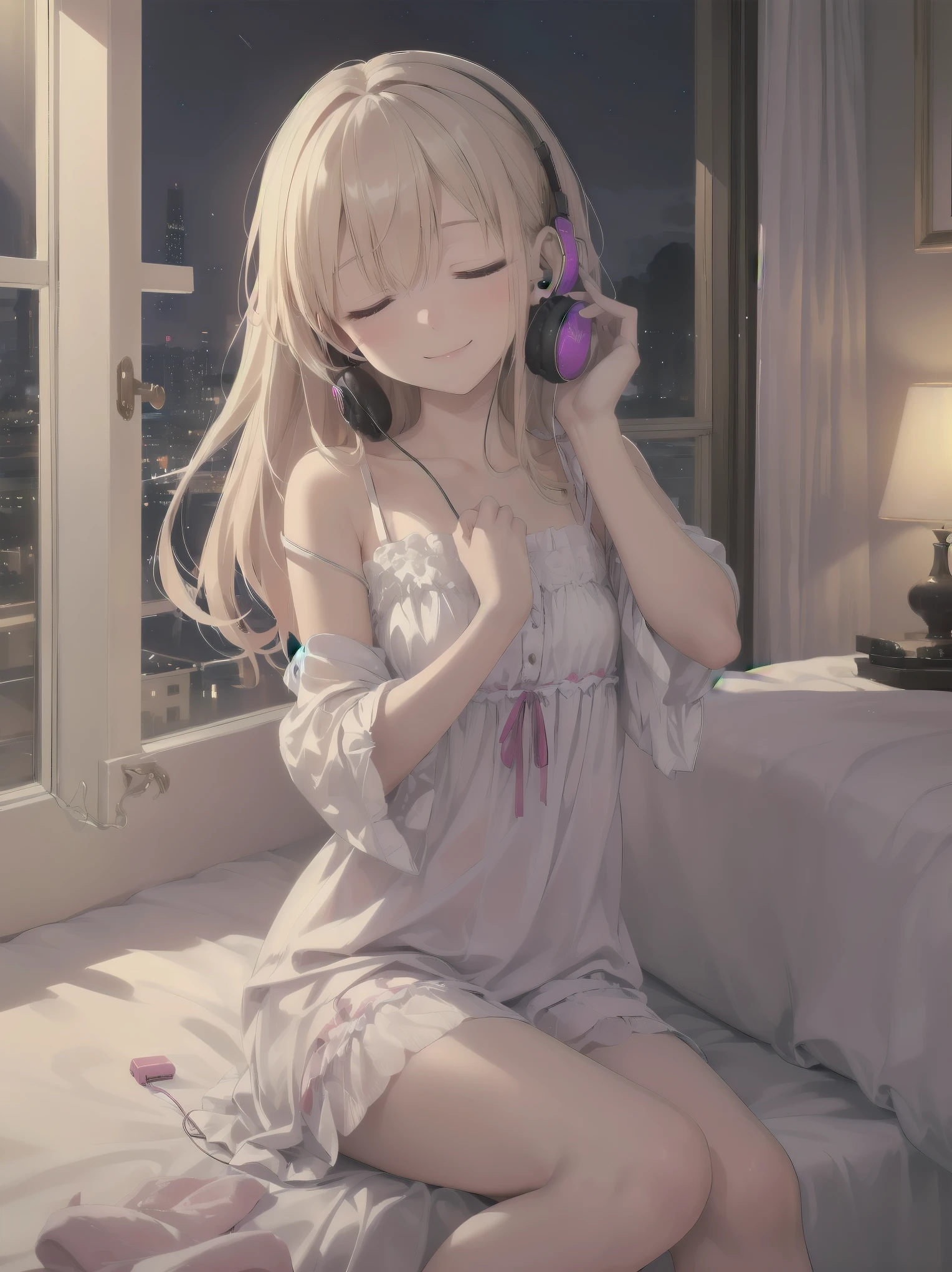 A night of music: she put on her earphones and closed her eyes. Her room was filled with beautiful melodies and she was completely absorbed in the music. 'Nothing could be more comforting', she couldn't help but smile.