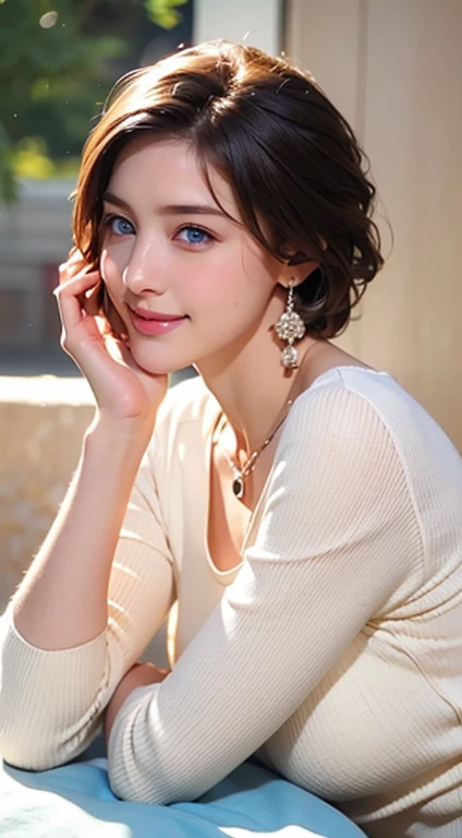 Maruface、(Pale face and eyes:1.3)、細いPale face and eyes:1.3, (blue eyes:1.3)、{highest quality}, {{masterpiece}}, {very delicate and beautiful}, outstanding light and shadow, highly detailed wallpaper, clear and bright sunlight, whole body, whole body、 1 girl, , blush, short bob hair, strong sunlight, white sweater, delicate hair, realistic skin texture:1.2, visible wrinkles on the skin, ((a strong light shines on your face)), sitting at a table in a cafe:1.5, coffee cup on the table, necklace、ring、earrings、smile:1,5、correct hand orientation、Correct number of arms, she smiles,real image