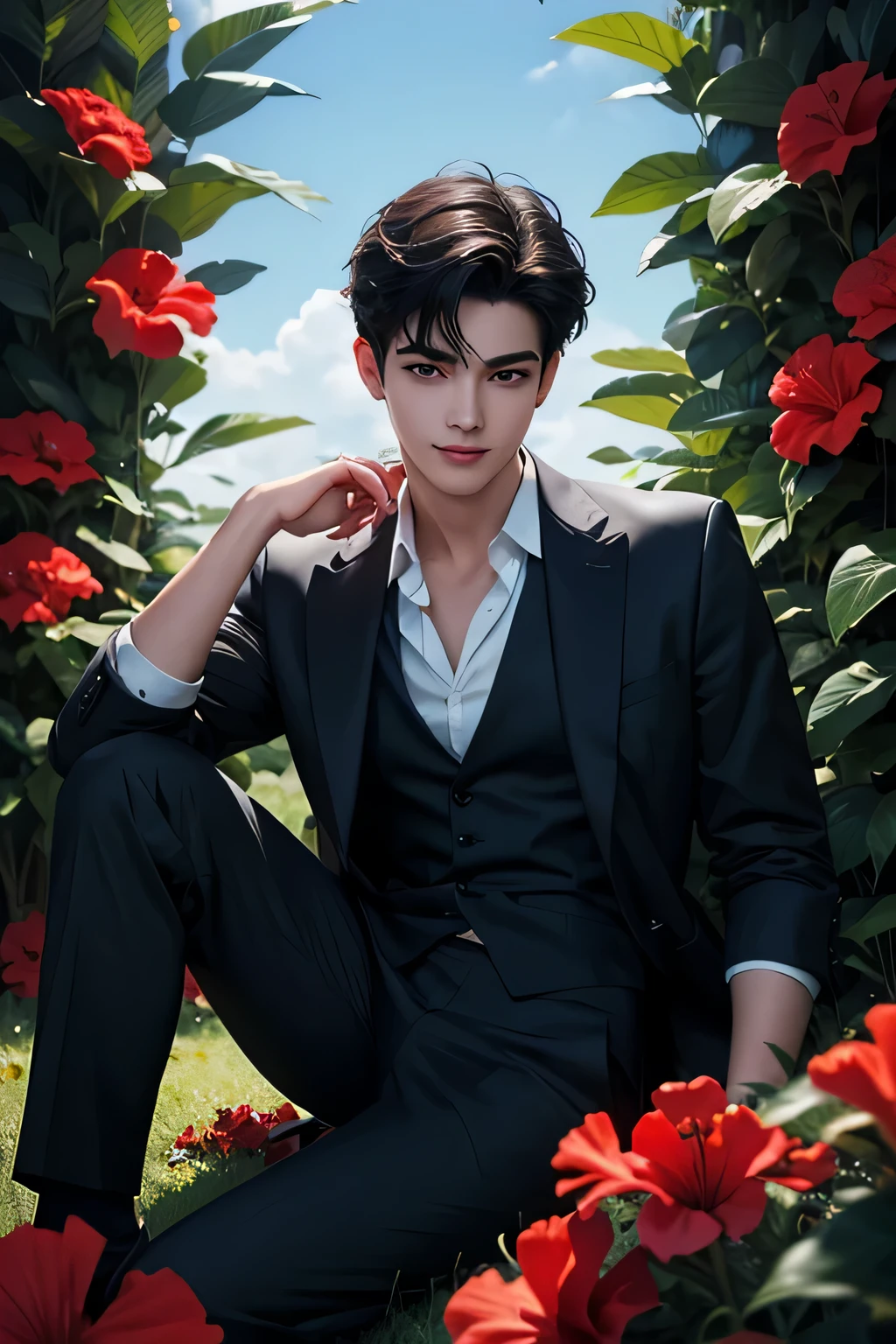 ((Best quality)), ((masterpiece)), (detailed), ((perfect face)), ((halfbody)) perfect proporcions, He is a handsome boy, 18 years old, he is cute, he has short black hair, he is adorable, he has brown eyes, he smiles at the camera, there is a blue sky behind him, he has fantasy angel clothes, , red hibiscus, he is sitting in a field of hibiscus, ((perfect face)) fullbody+ vampire ambience