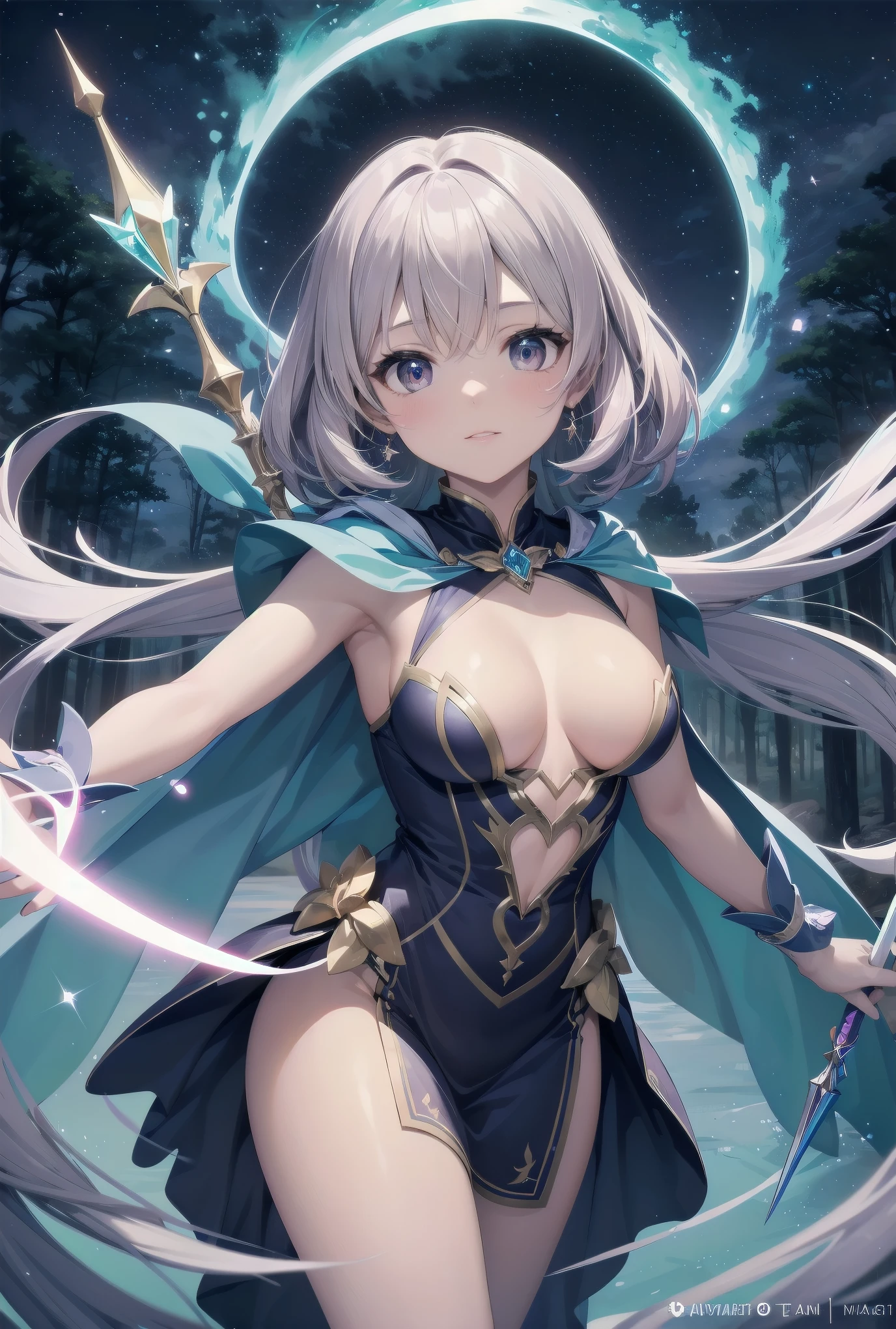 Subject: pretty magical girls.
Subtitle: masterpiece, fantastic, magical, powerful pose
Under a starry sky, in the centre of a mysterious forest, a pretty magical girl raises her glowing wand to the heavens. Around her, particles of seven-coloured magic dance, and with her powerful pose, the entire forest is enveloped in a fantastic light. For this brief moment, even time seems to have frozen.