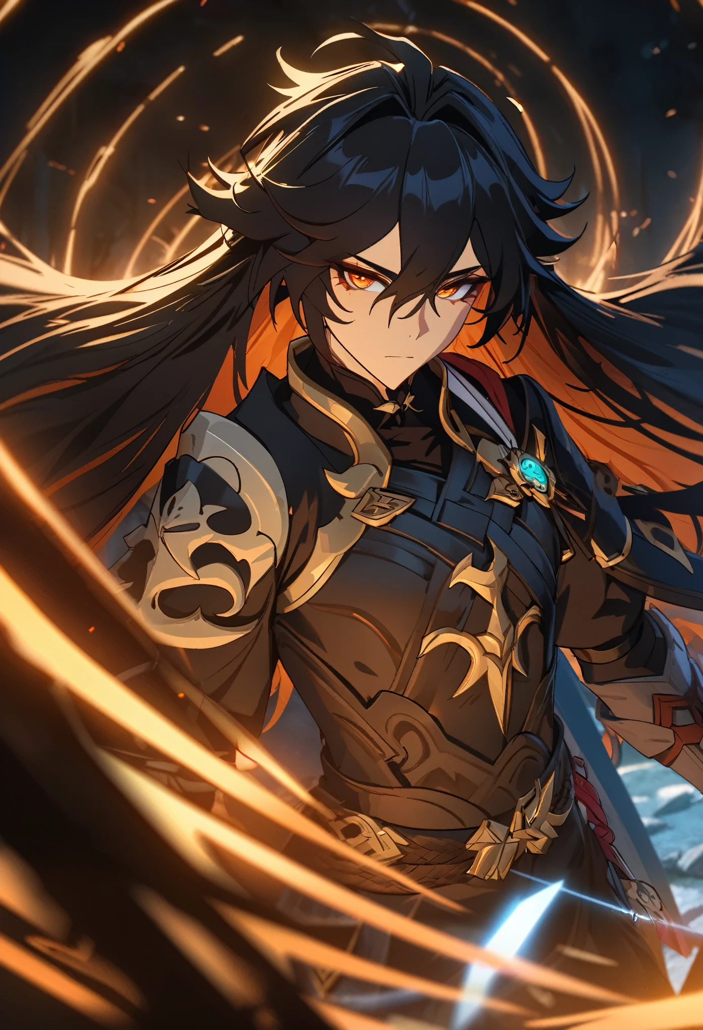 ((solo)), (man), dark orange eyes, black hair, very long hair, messy hair, dark orange colored inner hair, a close up of a person with a sword in a desolate land surrounded by demons and monsters, a burning battlefield, epic, detailed key anime art, honkai star trail character, casimir art, masamune shiro, masamune, handsome guy in demon slayer art, genshin, heise jinyao, shadowverse style, (no logos), DOOM hell, black powers, red infernal scenery, detailed clothes, eye reflection, depth of field, cinematic lighting, ray tracing, depth of field, cinematic lighting, ray tracing, UHD, high details, best quality, highres, high quality, award winning, super detail, masterpiece, 8k, UHD, high details, best quality, highres, high quality, award winning, super detail, masterpiece, 8k, digital art, anime coloring
