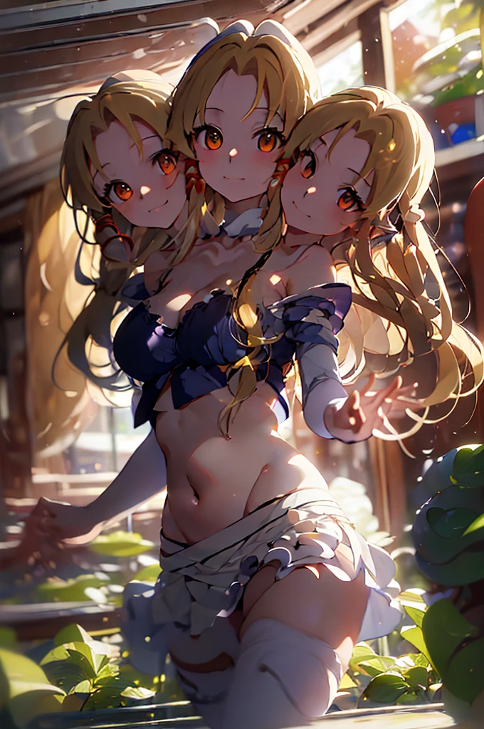 (masterpiece, best quality), top best quality, (ultra-detailed), (3heads:1.5), 1girl, (moriya suwako:1.3), masterpiece, best quality, ultra quality, ultra resolution, ultra detail, simple purplish-blue top, crop top, ((stomach)), midriff, ((groin)), simple purplish-blue skirt, normal ears, shackles, yellow hair, very long hair, wavy hair, sidelocks, golden yellow eyes, parted lips, sweat, cute, toned belly, hand on own chest, eyelashes, (24 year old woman:1.3), (masterpiece:1.6), (best quality:1.6), (beautiful detailed), extremely detailed CG, extremely delicate and beautiful, depth of field, (finely detailed face), (perfect details:1.2), (mature female:1.3), wide pelvis, slender, large veiny breast, 16k resolution, highres, high quality, high definition, extremely detailed, masterpiece, yellow hair, long hair, alluring presence, braid, short skirt, close up, big tits, young, hair ribbon,
