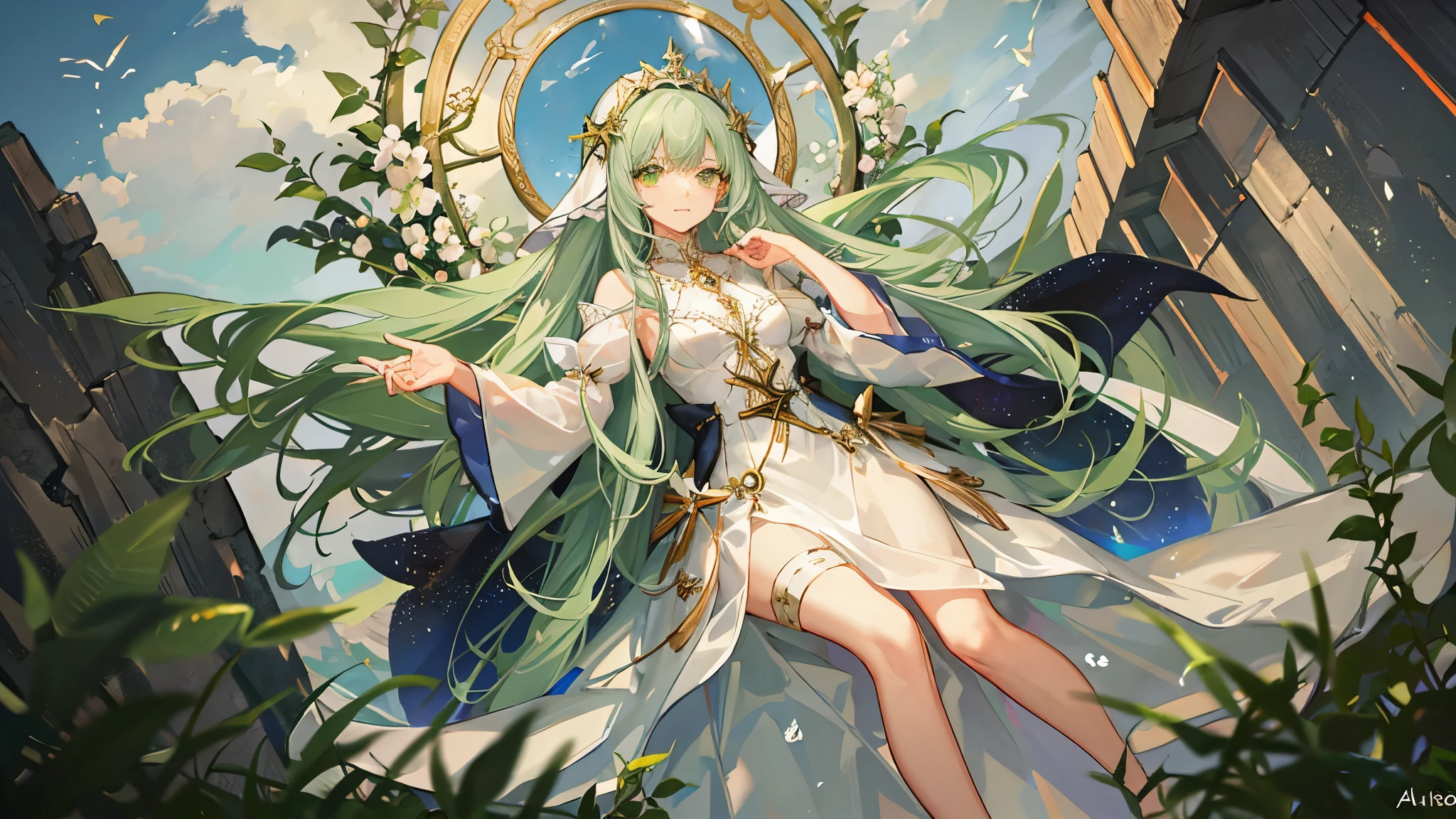 mulher elfa de cabelo branco, com poderes da naturais, poderes atras verdes, aura celestial, almas, spirits surrounding, celestiais, natural spirits