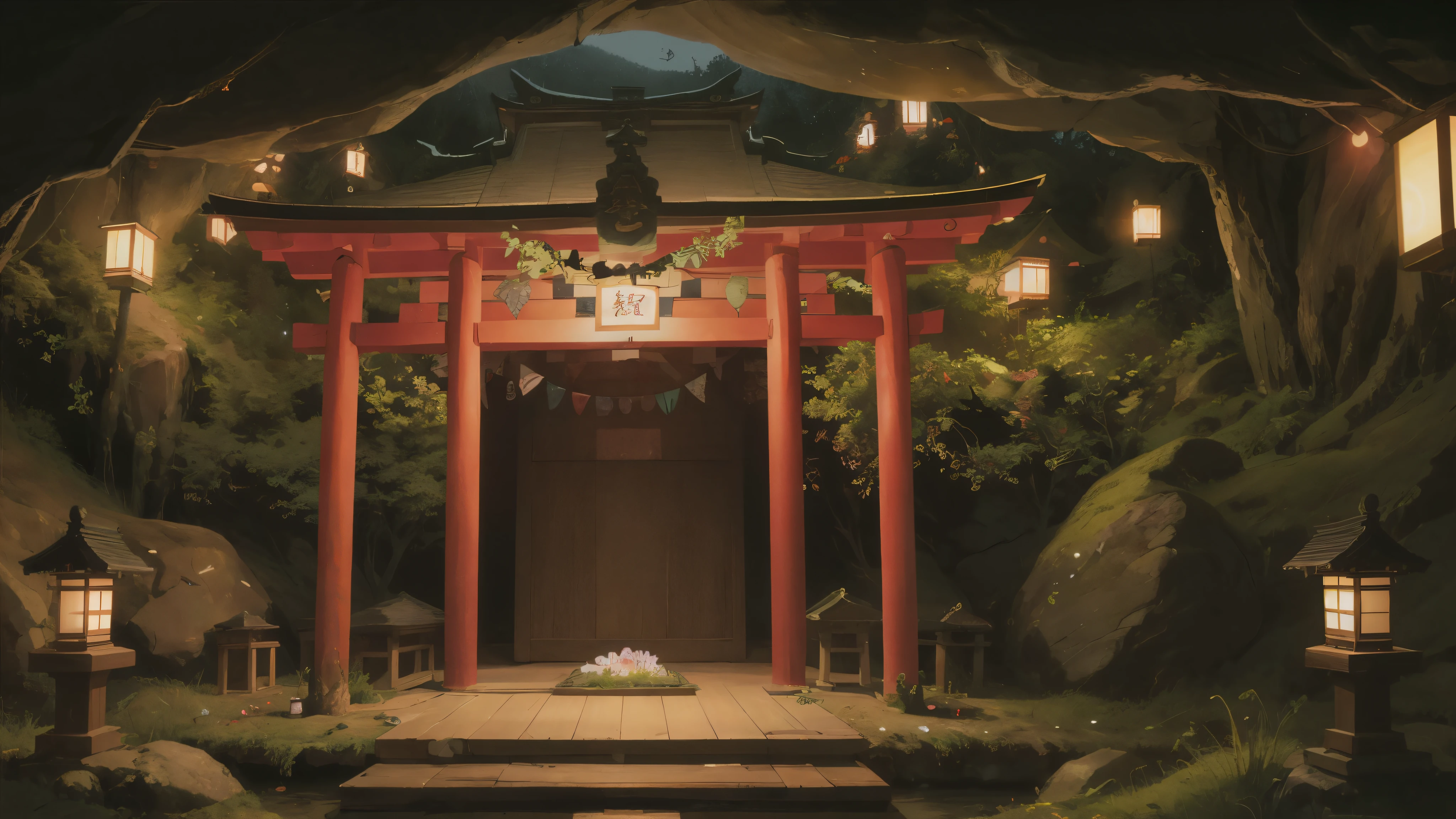 masterpiece, best quality, overgrown weeds, glowing flower Japanese shrine, dim lighting, cave interior background, hanging banners, horror, scary, night time