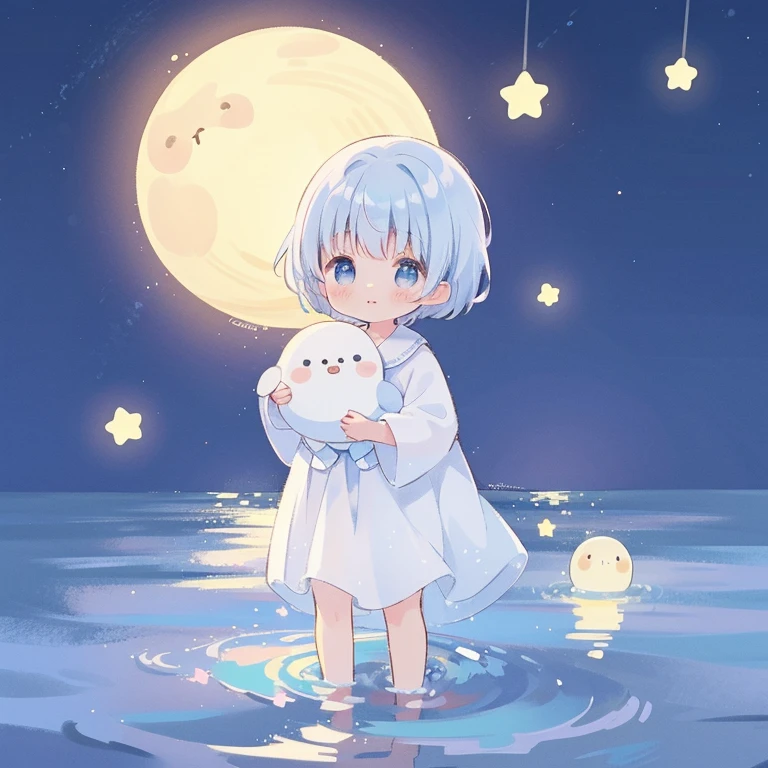 Top Quality, Masterpiece, Ultra High Resolution, cute Facial Features, Flat Design, 1 shota, simple background, giant glowing cute stars, ziyu, colorful, cute boy standing in water, starry sky in background, huge full moon, water ripples, beautiful simple flowing white clothes