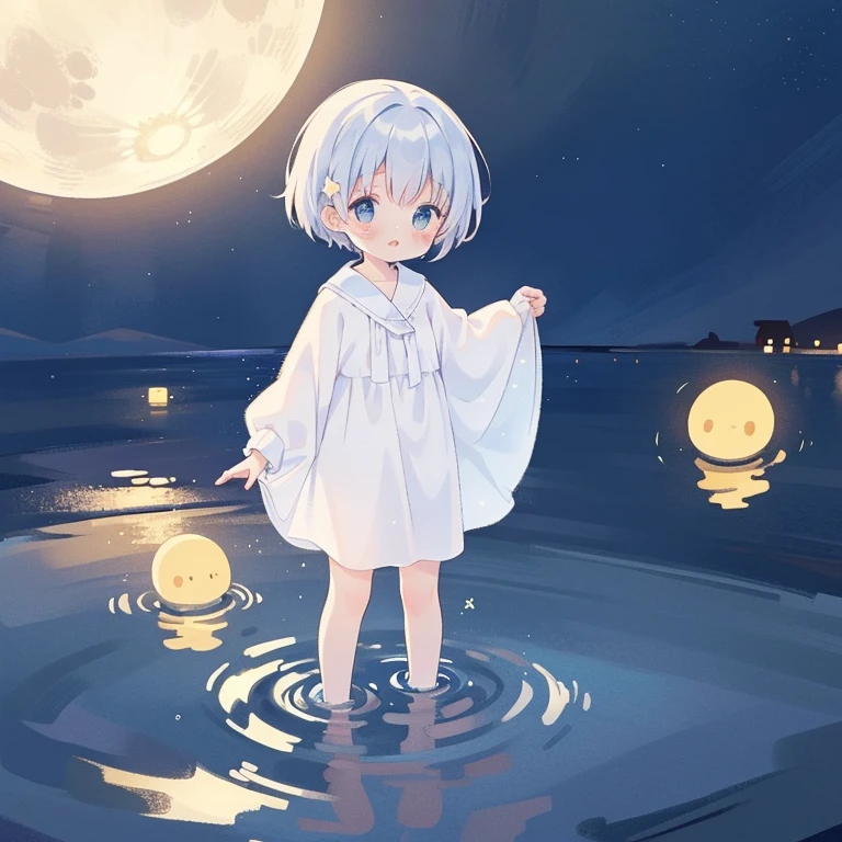 Top Quality, Masterpiece, Ultra High Resolution, cute Facial Features, Flat Design, 1 shota, simple background, giant glowing cute stars, ziyu, colorful, cute boy standing in water, starry sky in background, huge full moon, water ripples, beautiful simple flowing white clothes