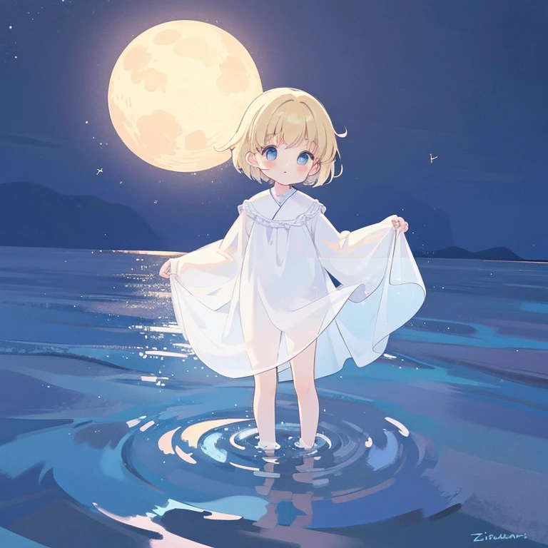 Top Quality, Masterpiece, Ultra High Resolution, cute Facial Features, Flat Design, 1 shota, simple background, giant glowing cute stars, ziyu, colorful, cute boy standing in water, starry sky in background, huge full moon, water ripples, beautiful simple flowing white clothes