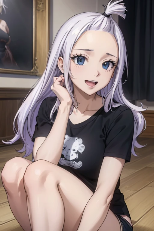 (best quality,4k,8k,highres,masterpiece:1.2),ultra-detailed,realistic,photorealistic:1.37,Mirajane Strauss with a beautiful smile and open mouth and a ponytail wearing a black t-shirt and shorts,portraits,vivid colors,soft pastel tones,illumination