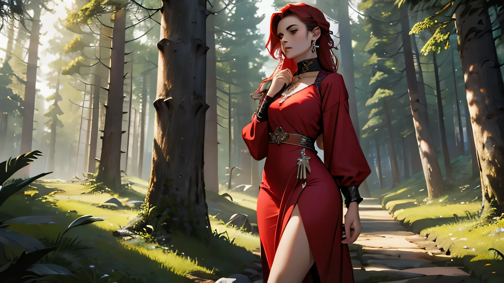 Obra Maestra, mujer 30 a;os cabello rojo, cuerpo femenino bien definido, cuerpo completo usando vestido elegante negro con accesorios dorados, en un bosque UHD
