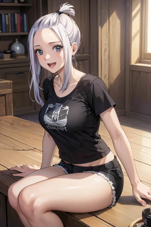 (best quality,4k,8k,highres,masterpiece:1.2),ultra-detailed,realistic,photorealistic:1.37, Mirajane Strauss with a beautiful smile and open mouth and a ponytail wearing a black t-shirt and shorts 