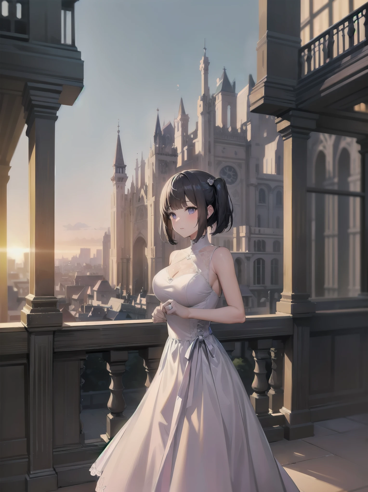 bride: wedding ring shining on ring finger Fusion of medieval European fashion Emphasis on elements of cuteness and adoration Posed illustration of the overwhelming cuteness of the character in the foreground Overwhelming architectural and cityscape background Ultra-detailed, rich, contemporary interpretation of medieval Europe and fantasy world Realistic textures, Professional artistic shading and light sources, scene-like cinematography and effects, depth of subject One beautiful girl, super cute, bob cut, side ponytail, perfect anatomy
Colours: pastel, white, pale purple, blue, gingham check
Materials: chiffon, lace, satin, velvet, etc. Silhouette: fluffy skirt, A-line, long length
Decoration: frills, ribbons, lace, pearls, embroidery etc. Coordinates Romantic princess: pastel dress, lace blouse, fluffy skirt, ribbon hair accessory, black tights Add accessories and accessories to personalise.
