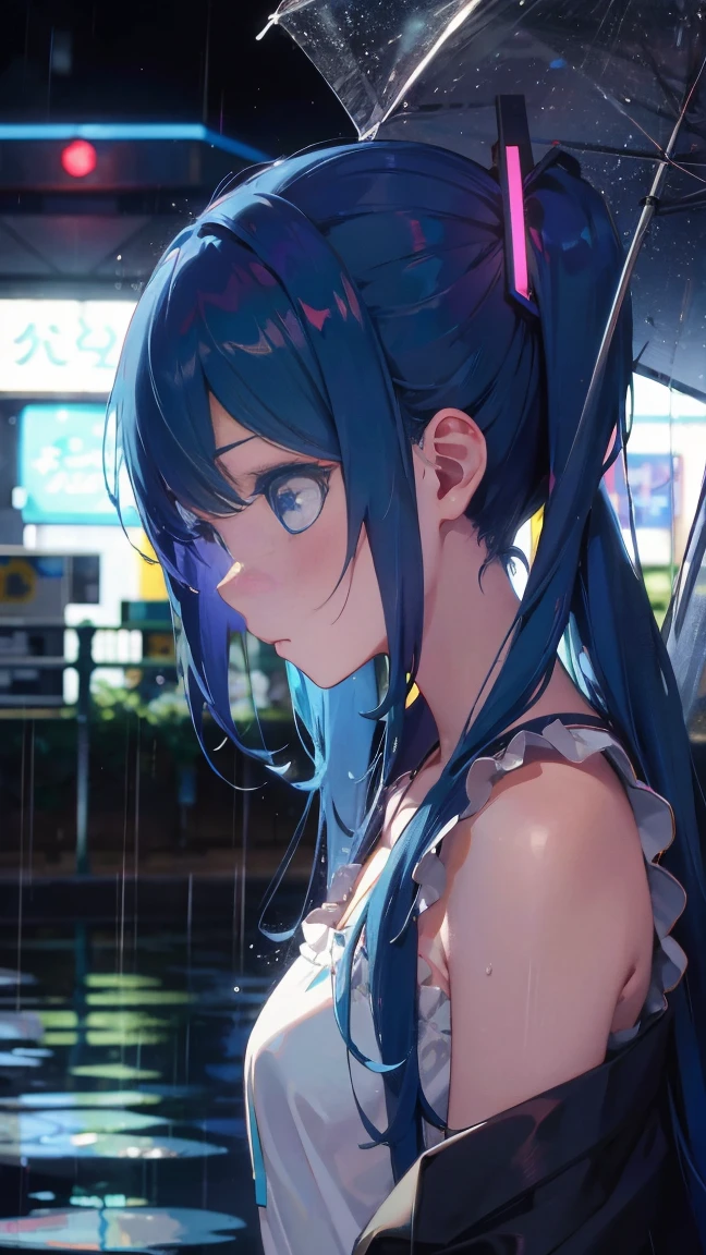 1 anime girl, alone,blue hair,blue eyes,Black petals flutter, A mysteriously shining butterfly.city,Hatsune Miku,鮮やかblue hair,bright blue jewel eyes,twin tails,thin legs,Gloomy cloudy sky,sad expression,very clear,highest quality,rainy city,street corner,Are crying,tears,close up of face,Sleeping in the water,barefoot,heavy rain,turn to the side,