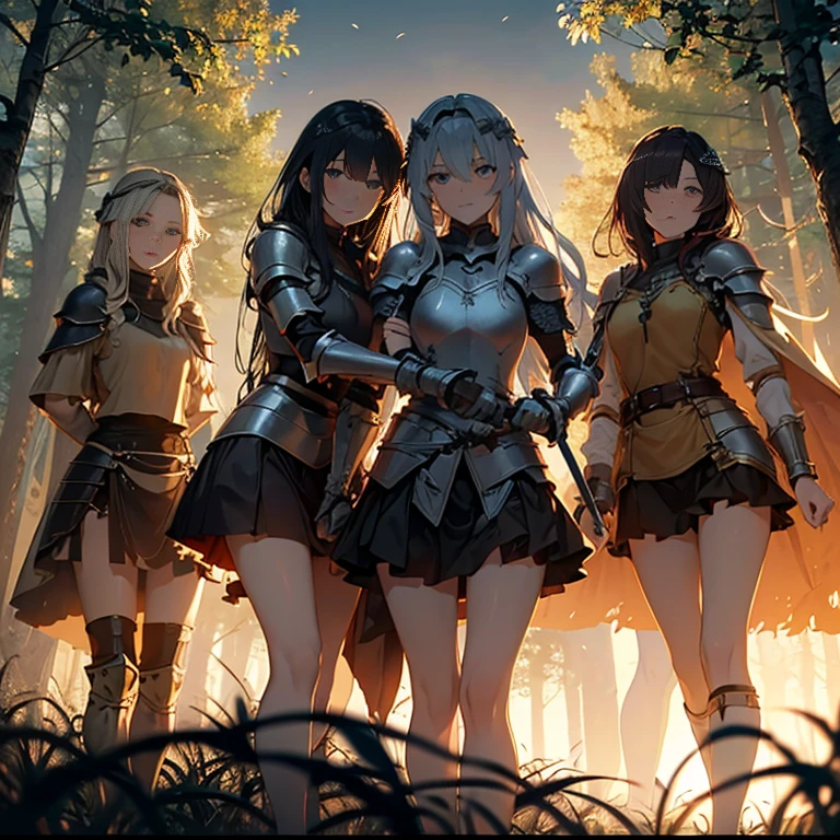 A group of female knight, (in forest), various hair styles, harem, wearing armored clothes, metal armor, night, details face, , short skirt, seducing, sword, tied, bdsm