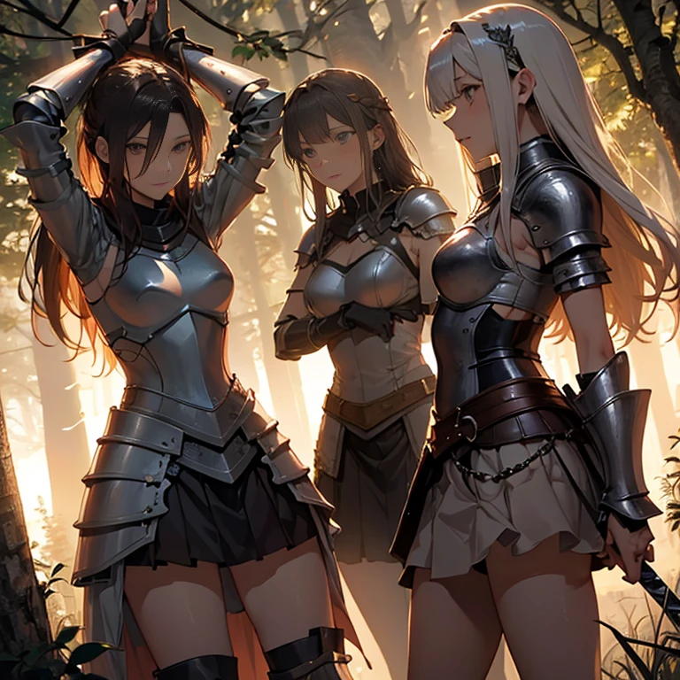A group of female knight, (in forest), various hair styles, harem, wearing armored clothes, metal armor, night, details face, , short skirt, seducing, sword, tied, bdsm