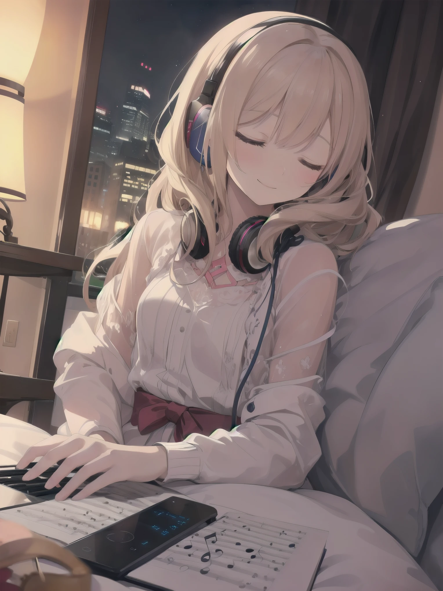 ((best qualityer)), ((work of art)), (detailded), ((anime styling)), ((1 girl, of headphones and notebook)), (with short sex transparent dress), (Showing Pussy),in the bedroom lying on the bed studying